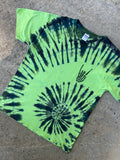 Hand-Printed Skeleton Rock On Green and Blue Spiral Tie Dye Short Sleeve T-Shirt | Men's Size Large