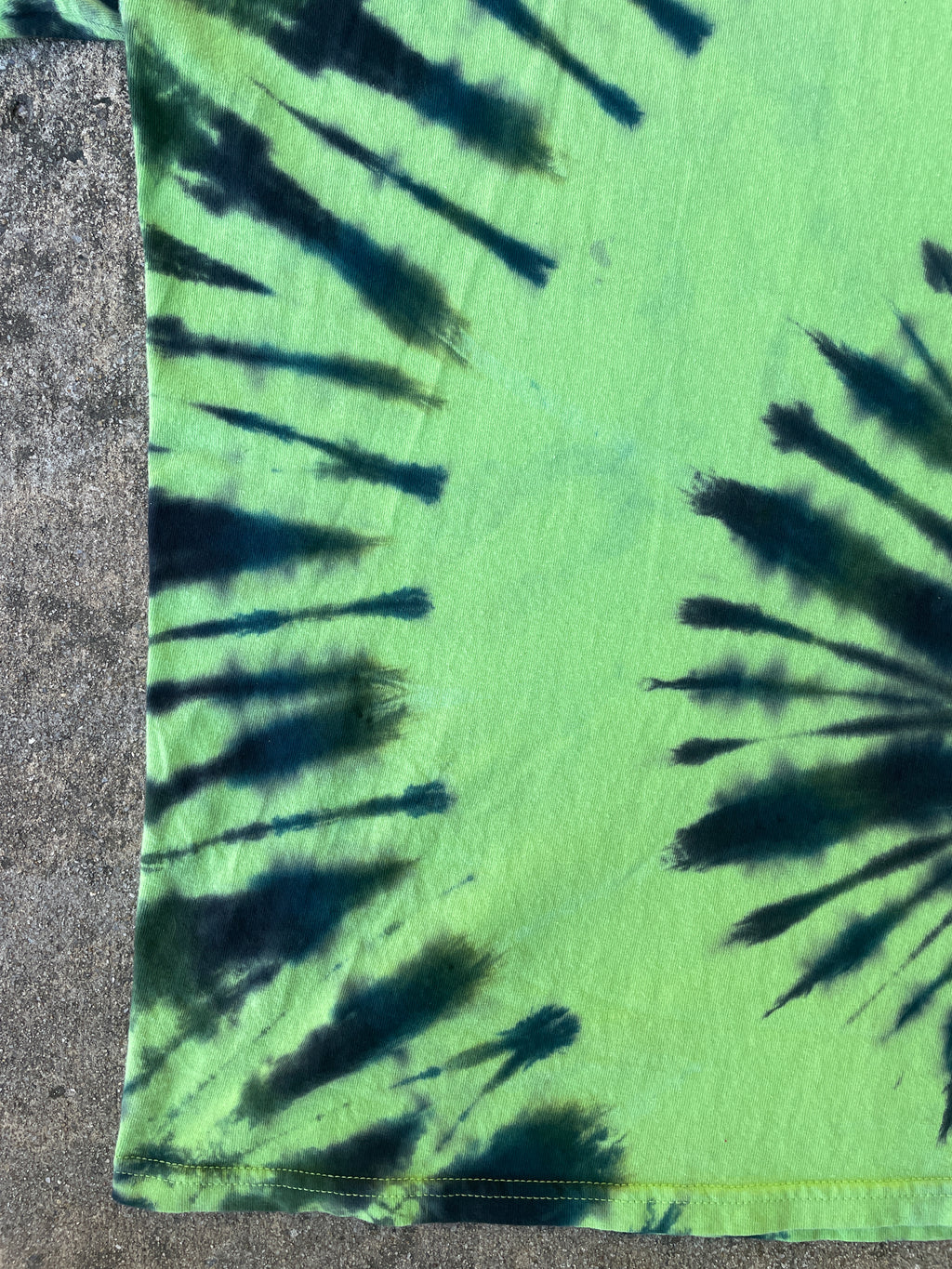 Hand-Printed Skeleton Rock On Green and Blue Spiral Tie Dye Short Sleeve T-Shirt | Men's Size Large