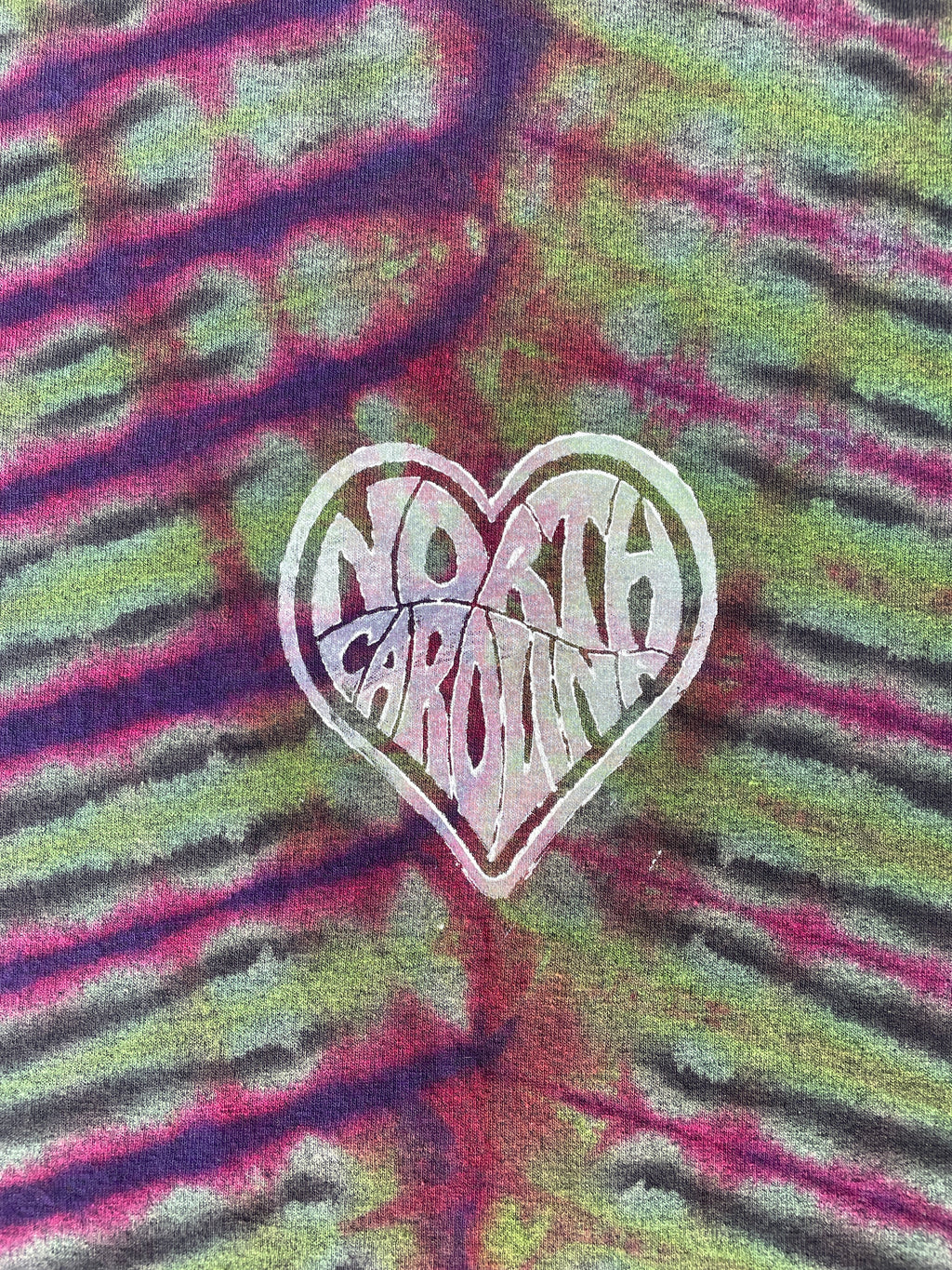 Hand-Printed North Carolina Green and Pink Reverse Tie Dye Short Sleeve T-Shirt | Men's Size Large