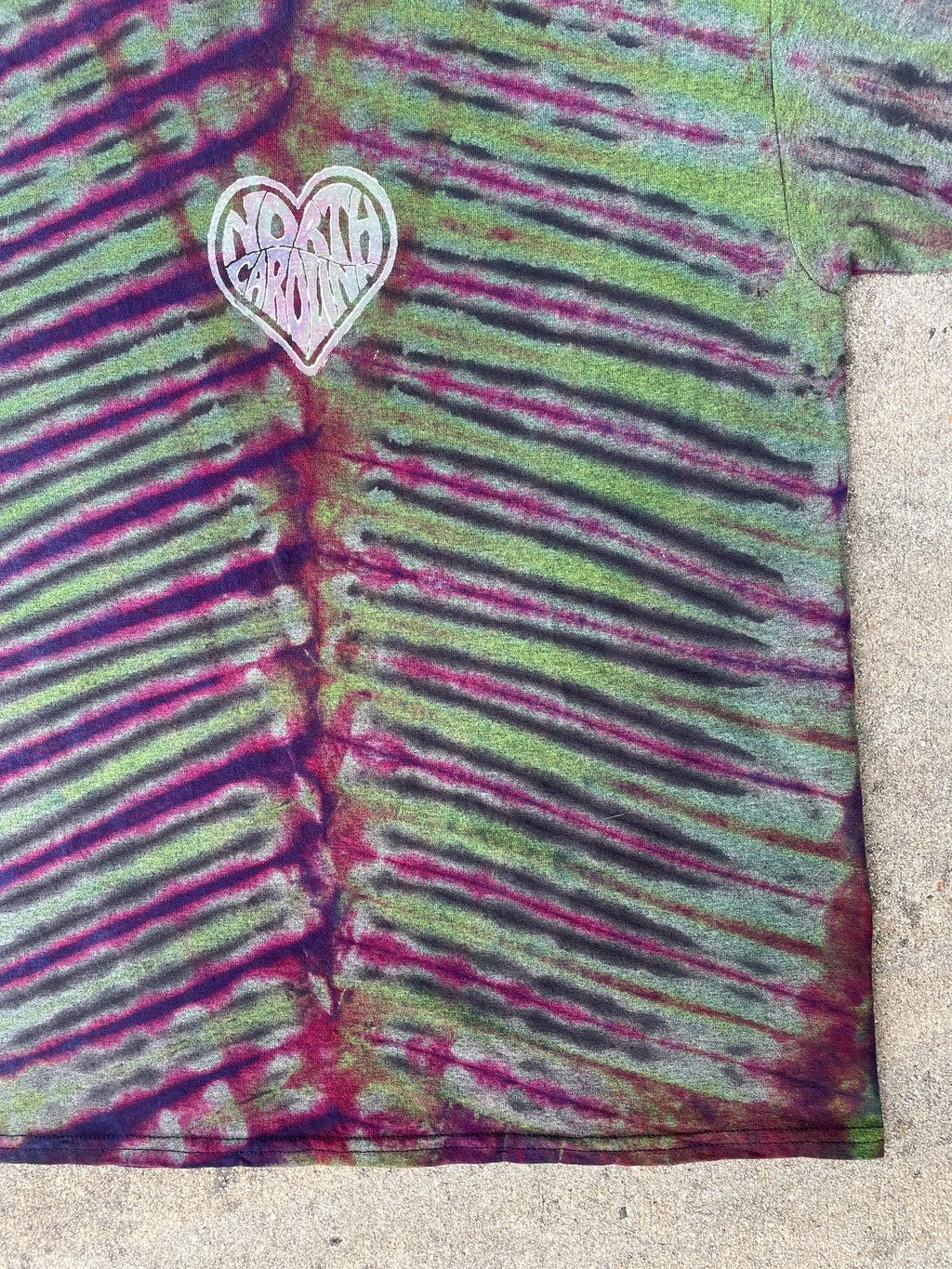 Hand-Printed North Carolina Green and Pink Reverse Tie Dye Short Sleeve T-Shirt | Men's Size Large