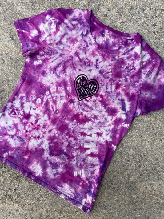 Hand-Printed North Carolina White and Purple Tie Dye Short Sleeve T-Shirt | Women's Size Large
