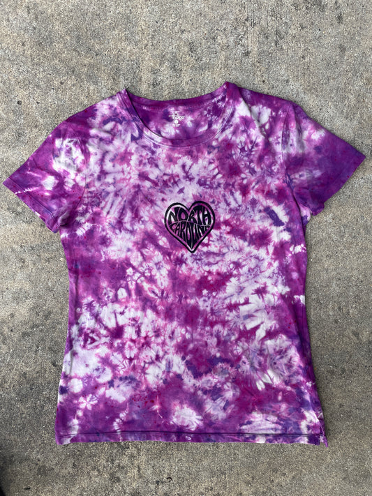 Hand-Printed North Carolina White and Purple Tie Dye Short Sleeve T-Shirt | Women's Size Large