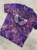 Hand-Printed Skeleton Heart Hands Black and Purple Reverse Tie Dye Short Sleeve T-Shirt | Men's Size Large