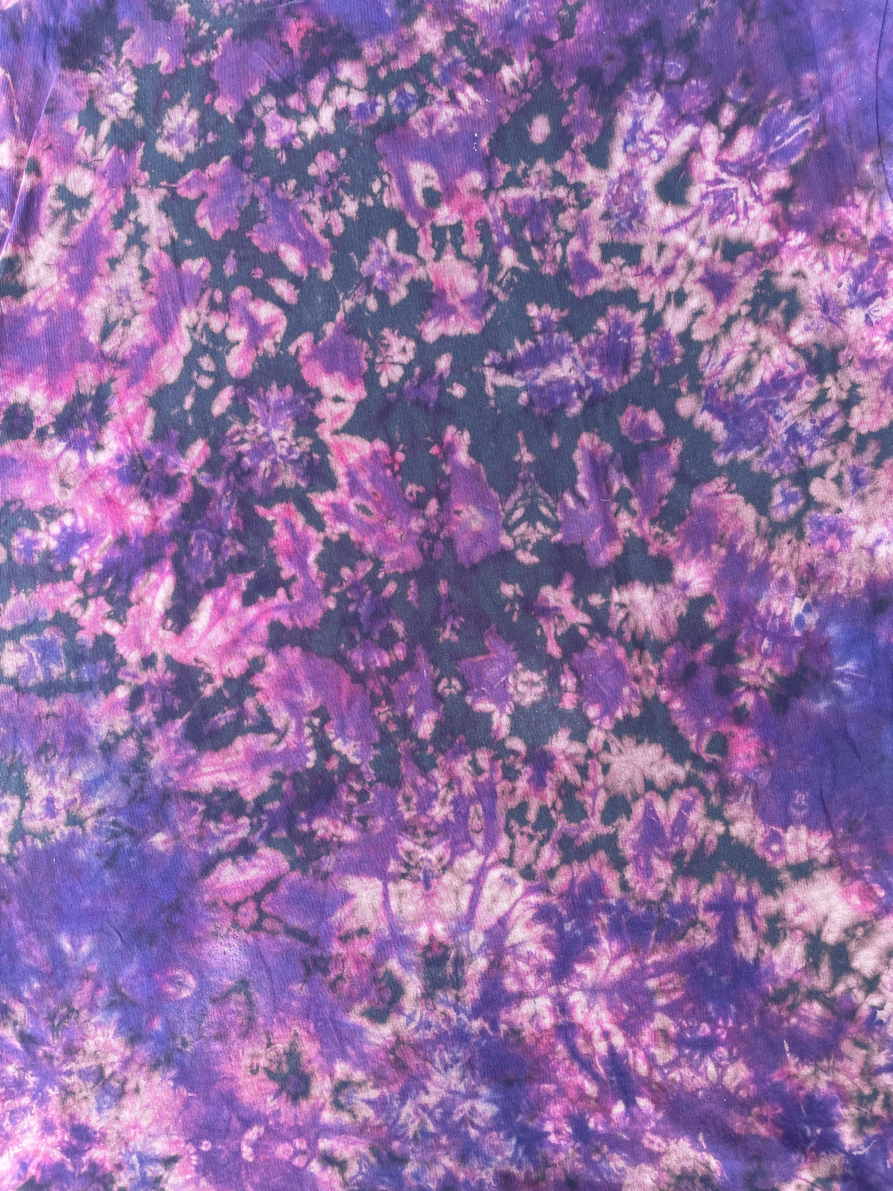 Hand-Printed Skeleton Heart Hands Black and Purple Reverse Tie Dye Short Sleeve T-Shirt | Men's Size Large