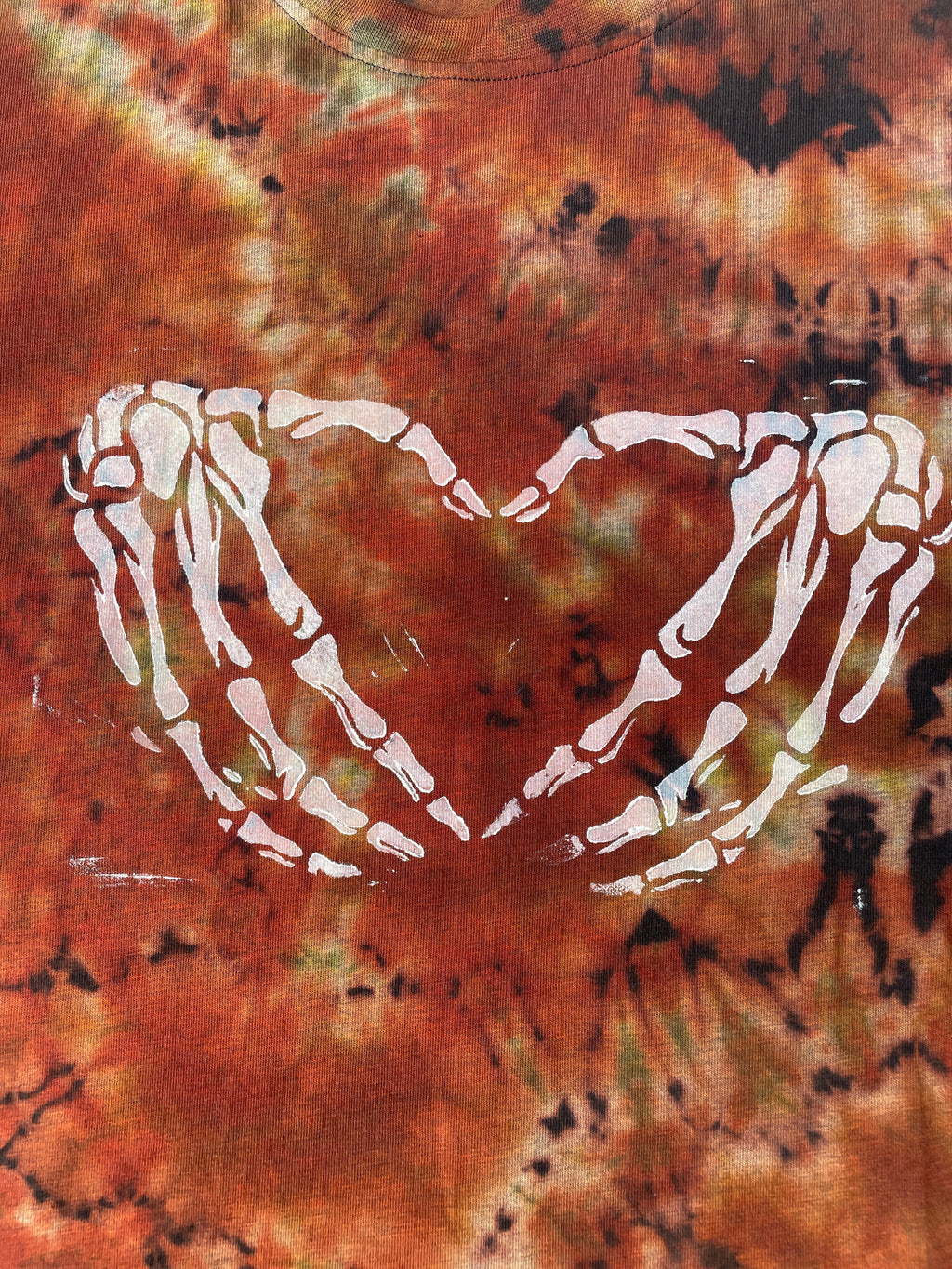 Hand-Printed Skeleton Heart Hands Black and Orange Reverse Tie Dye Short Sleeve T-Shirt | Men's Size Large