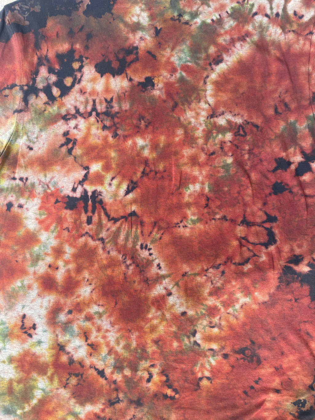 Hand-Printed Skeleton Heart Hands Black and Orange Reverse Tie Dye Short Sleeve T-Shirt | Men's Size Large