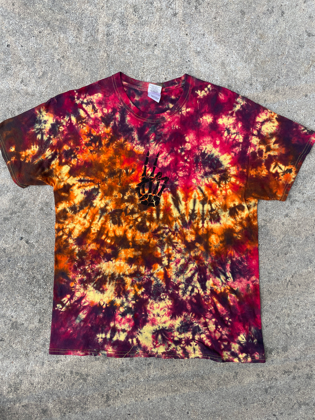 Hand-Printed Skeleton Peace Sign Yellow and Orange Tie Dye Short Sleeve T-Shirt | Men's Size Large