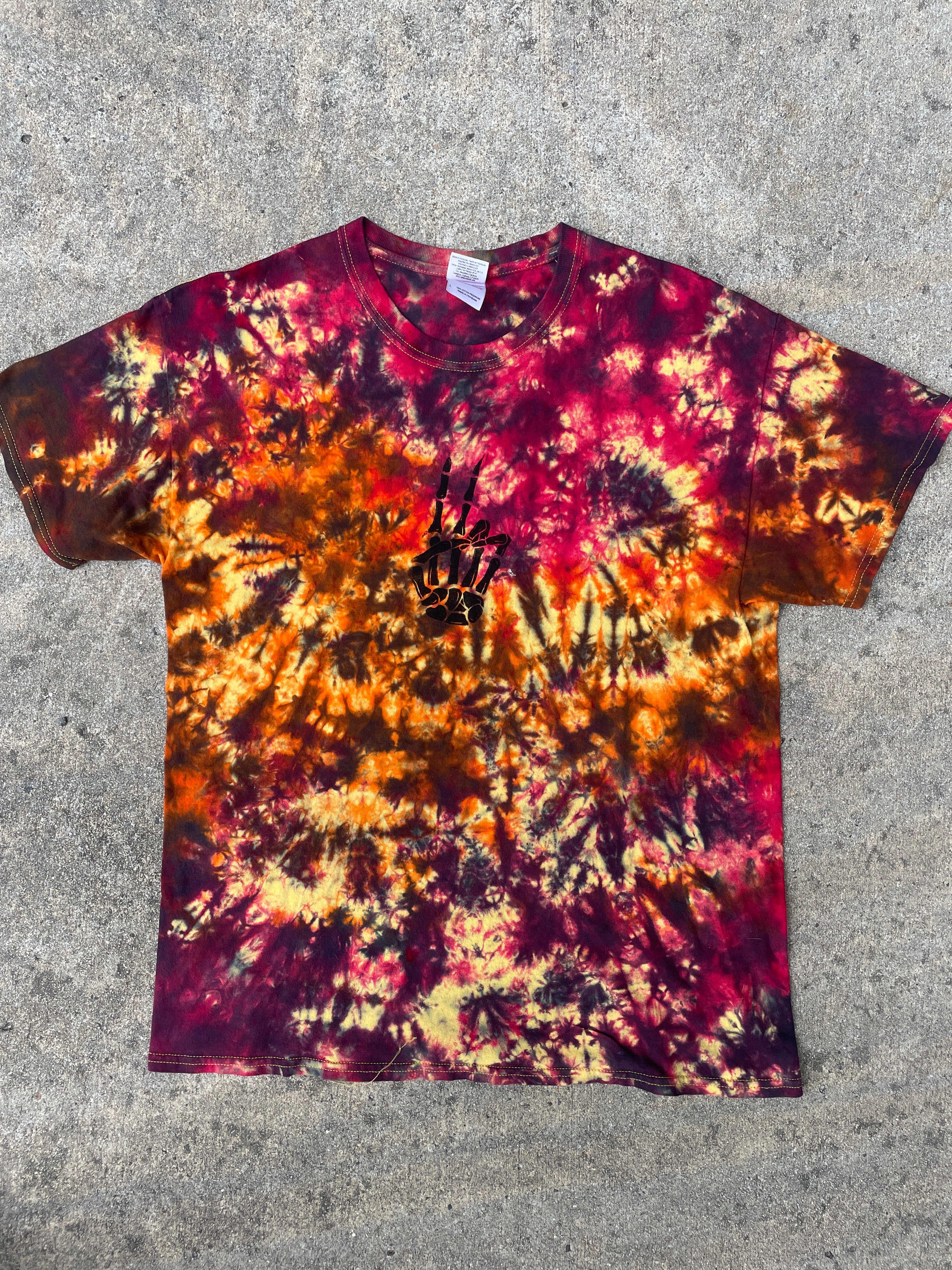 Hand-Printed Skeleton Peace Sign Yellow and Orange Tie Dye Short Sleeve T-Shirt | Men's Size Large