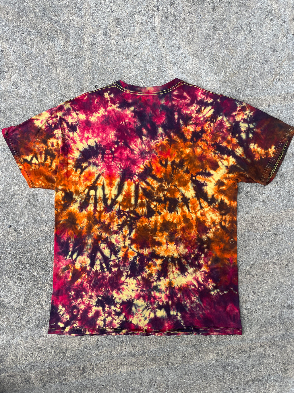 Hand-Printed Skeleton Peace Sign Yellow and Orange Tie Dye Short Sleeve T-Shirt | Men's Size Large