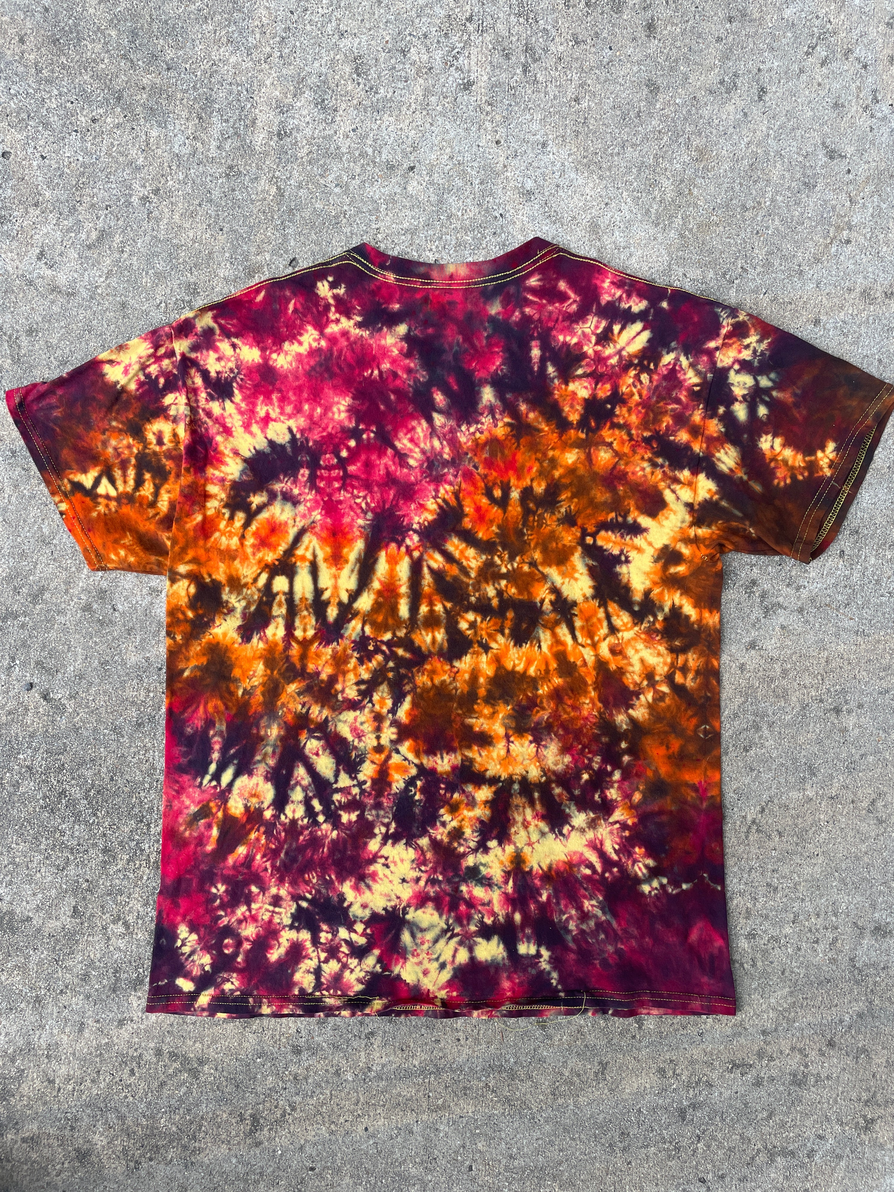 Hand-Printed Skeleton Peace Sign Yellow and Orange Tie Dye Short Sleeve T-Shirt | Men's Size Large