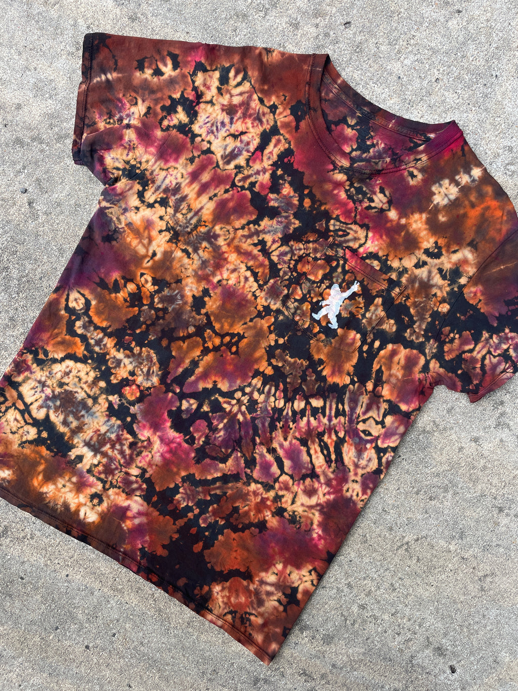 Hand-Printed Big Foot Black and Orange Reverse Tie Dye Short Sleeve T-Shirt | Men's Size Large