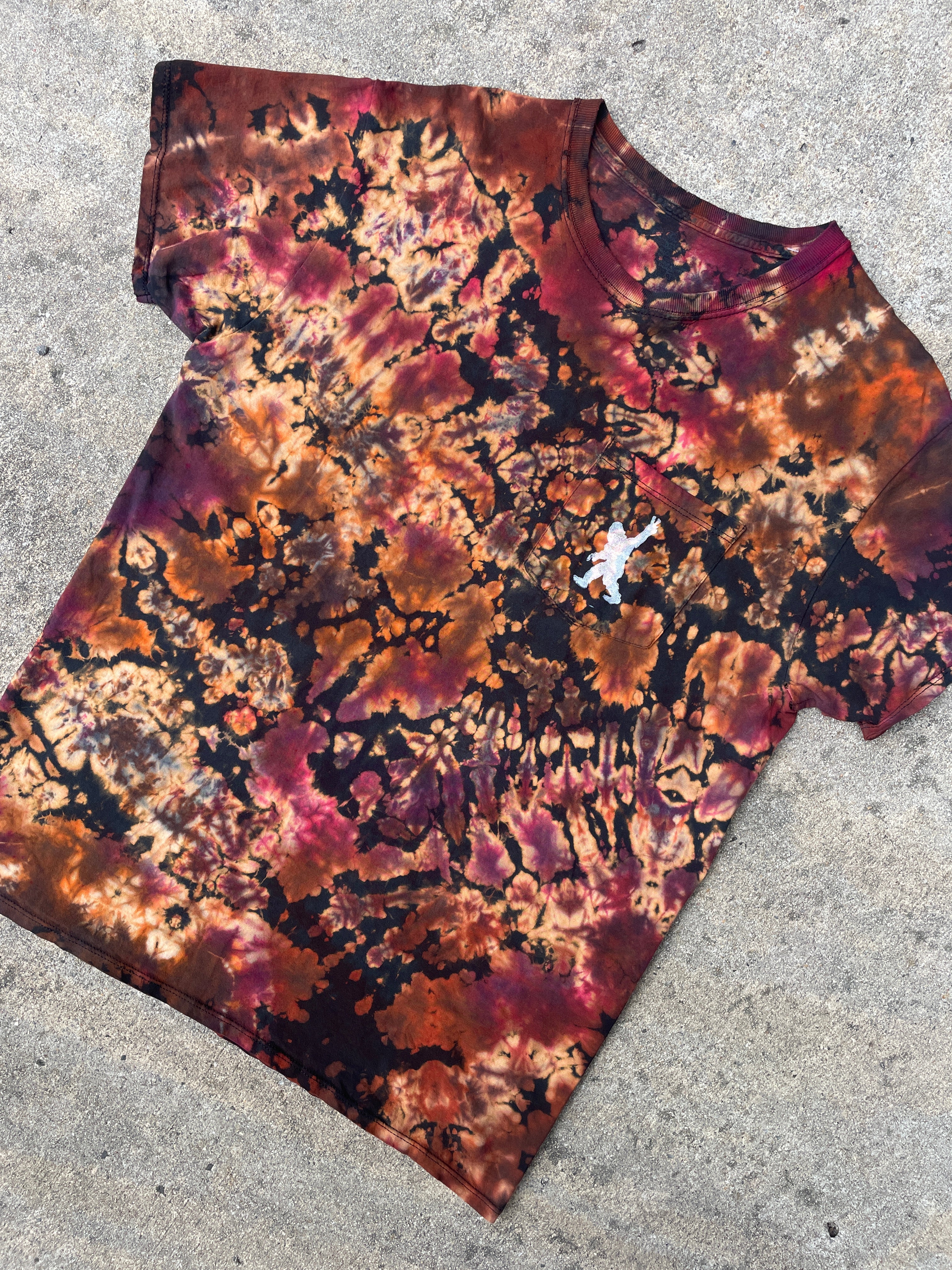 Hand-Printed Big Foot Black and Orange Reverse Tie Dye Short Sleeve T-Shirt | Men's Size Large