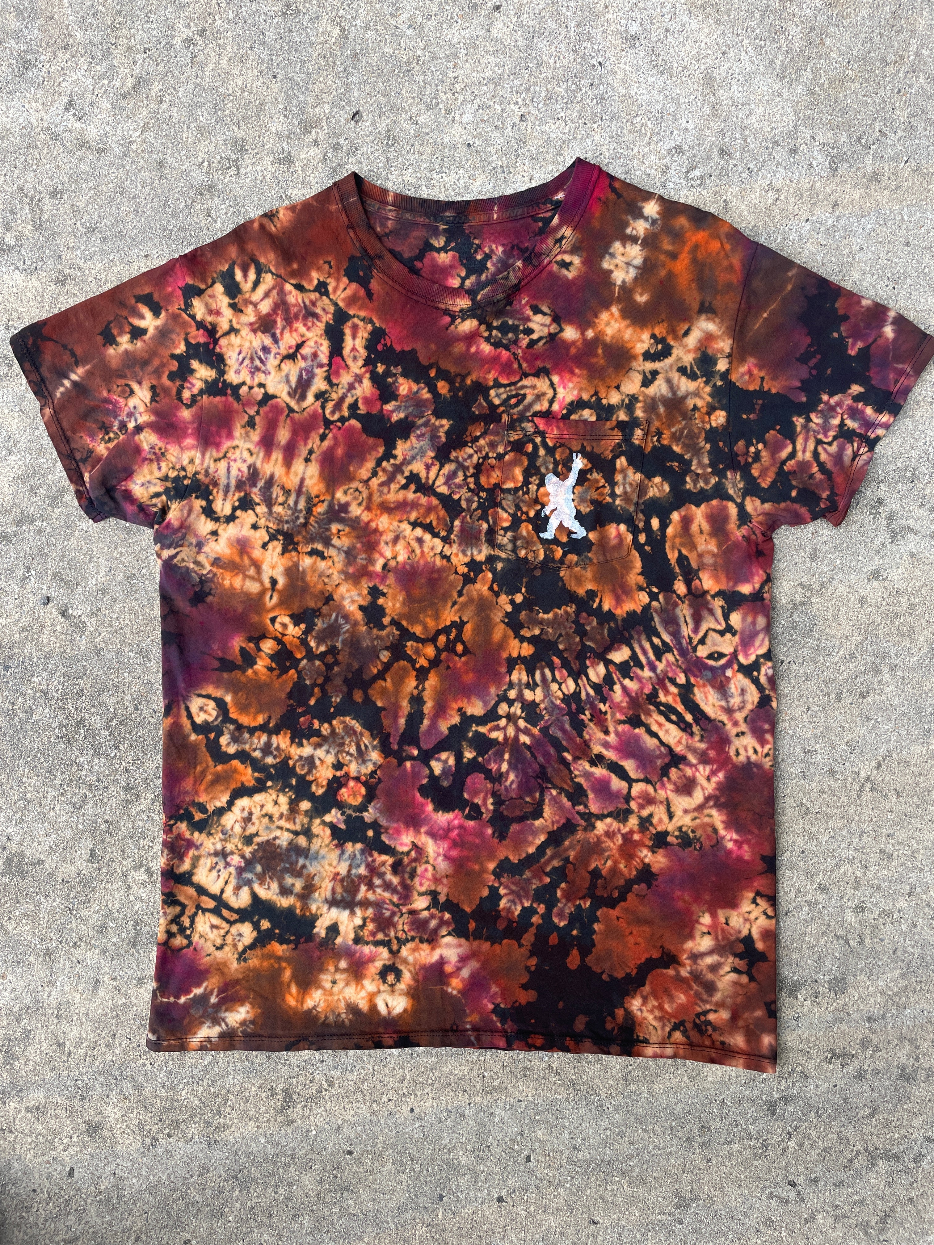 Hand-Printed Big Foot Black and Orange Reverse Tie Dye Short Sleeve T-Shirt | Men's Size Large