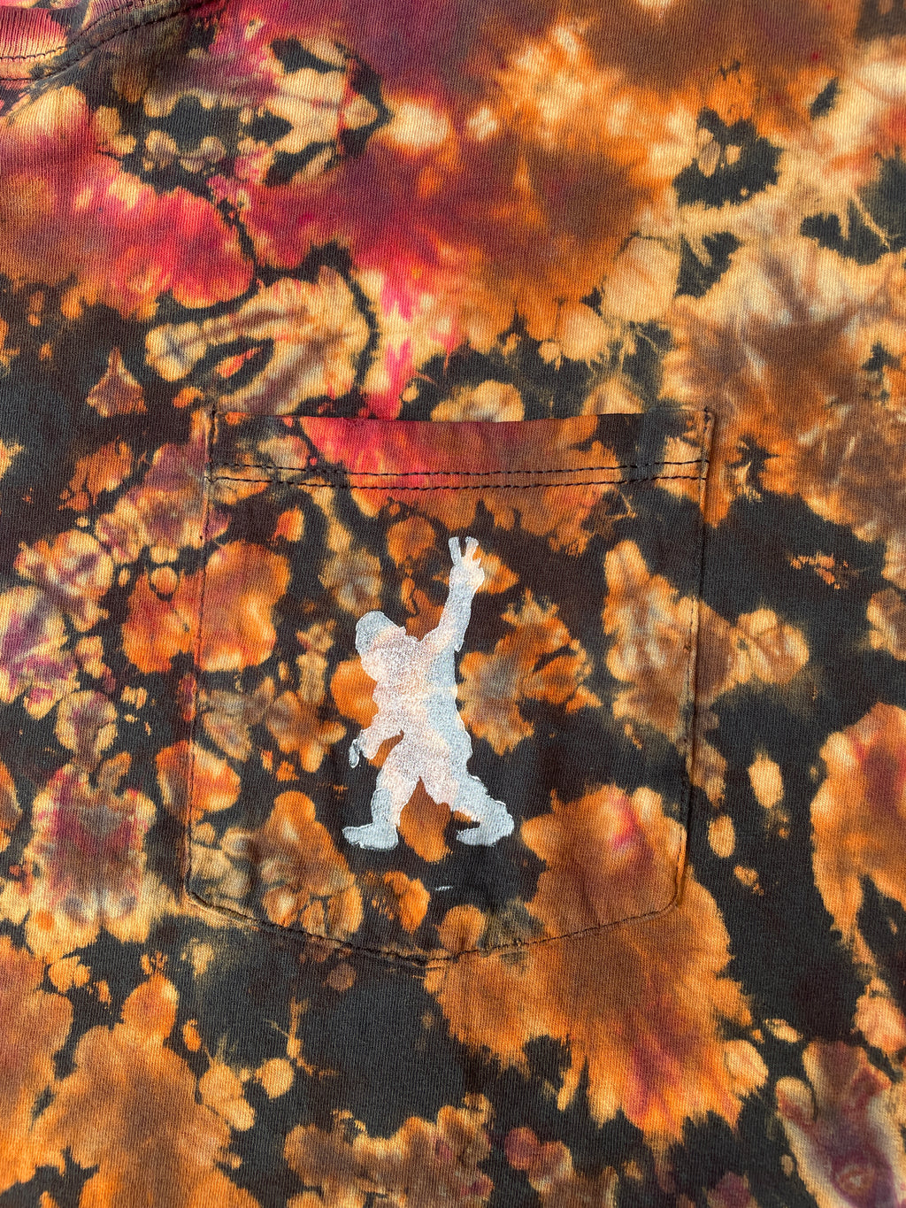 Hand-Printed Big Foot Black and Orange Reverse Tie Dye Short Sleeve T-Shirt | Men's Size Large