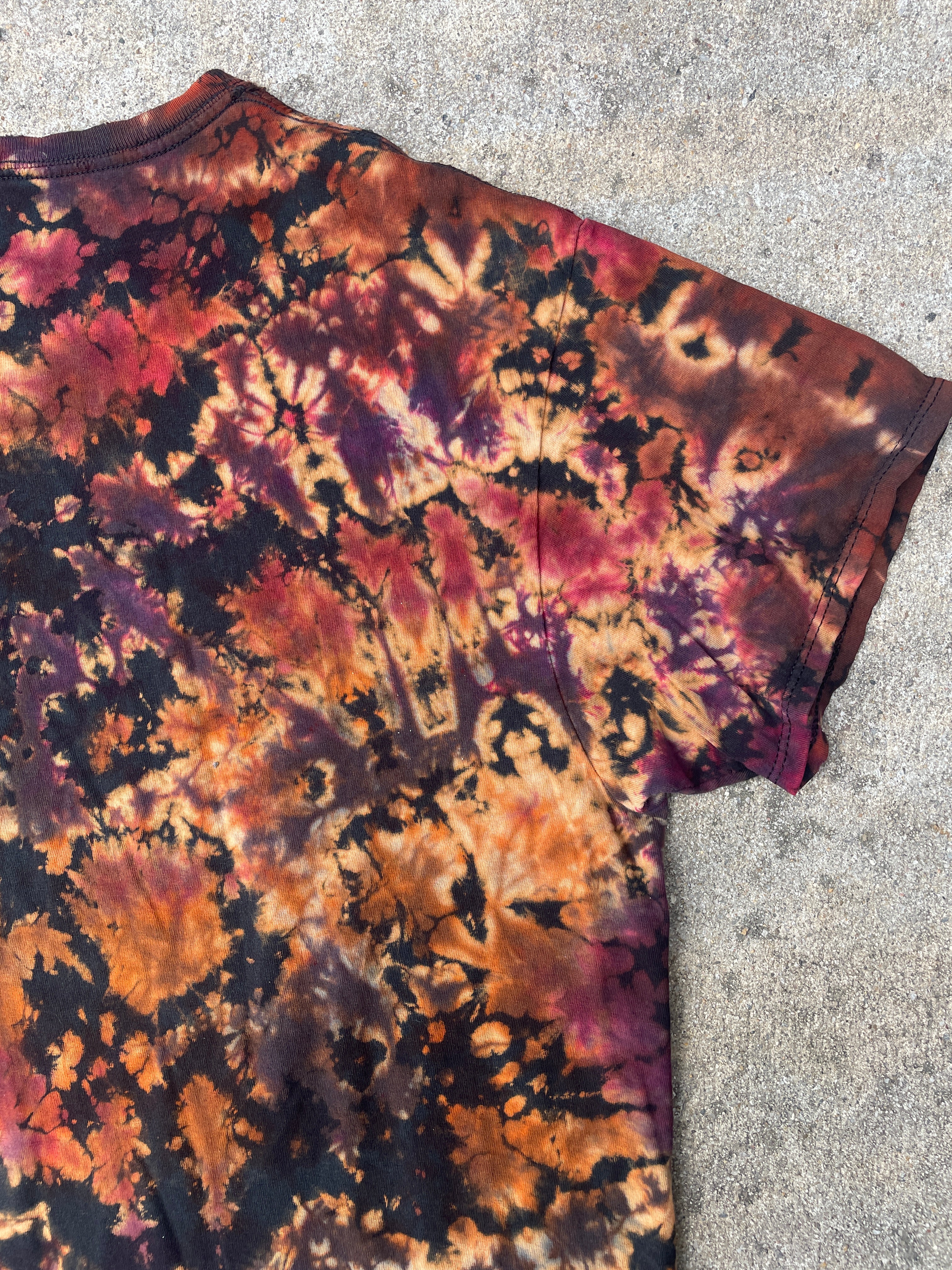 Hand-Printed Big Foot Black and Orange Reverse Tie Dye Short Sleeve T-Shirt | Men's Size Large