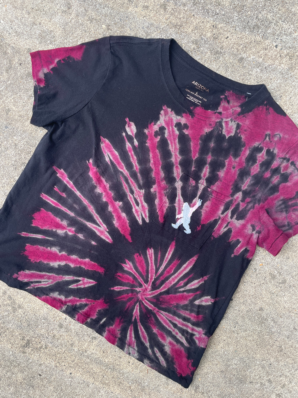 Hand-Printed Big Foot Black and Pink Reverse Tie Dye Short Sleeve T-Shirt | Women's Size Large