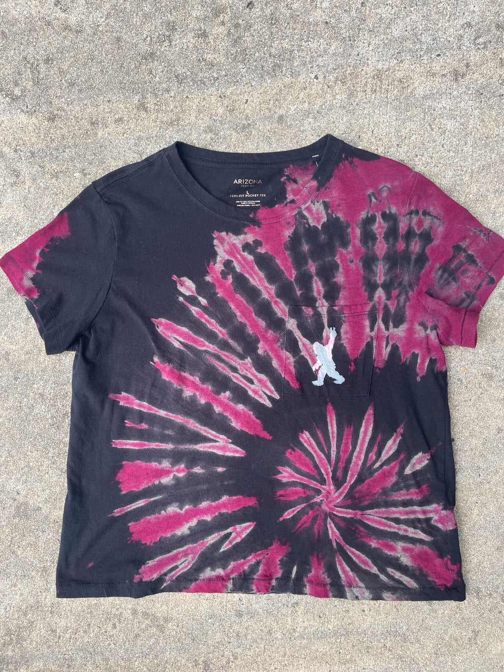 Hand-Printed Big Foot Black and Pink Reverse Tie Dye Short Sleeve T-Shirt | Women's Size Large