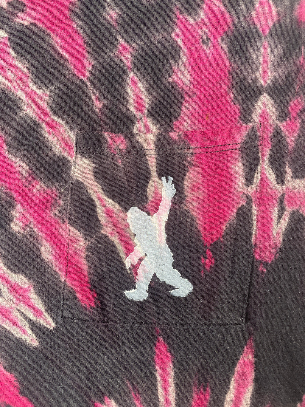 Hand-Printed Big Foot Black and Pink Reverse Tie Dye Short Sleeve T-Shirt | Women's Size Large