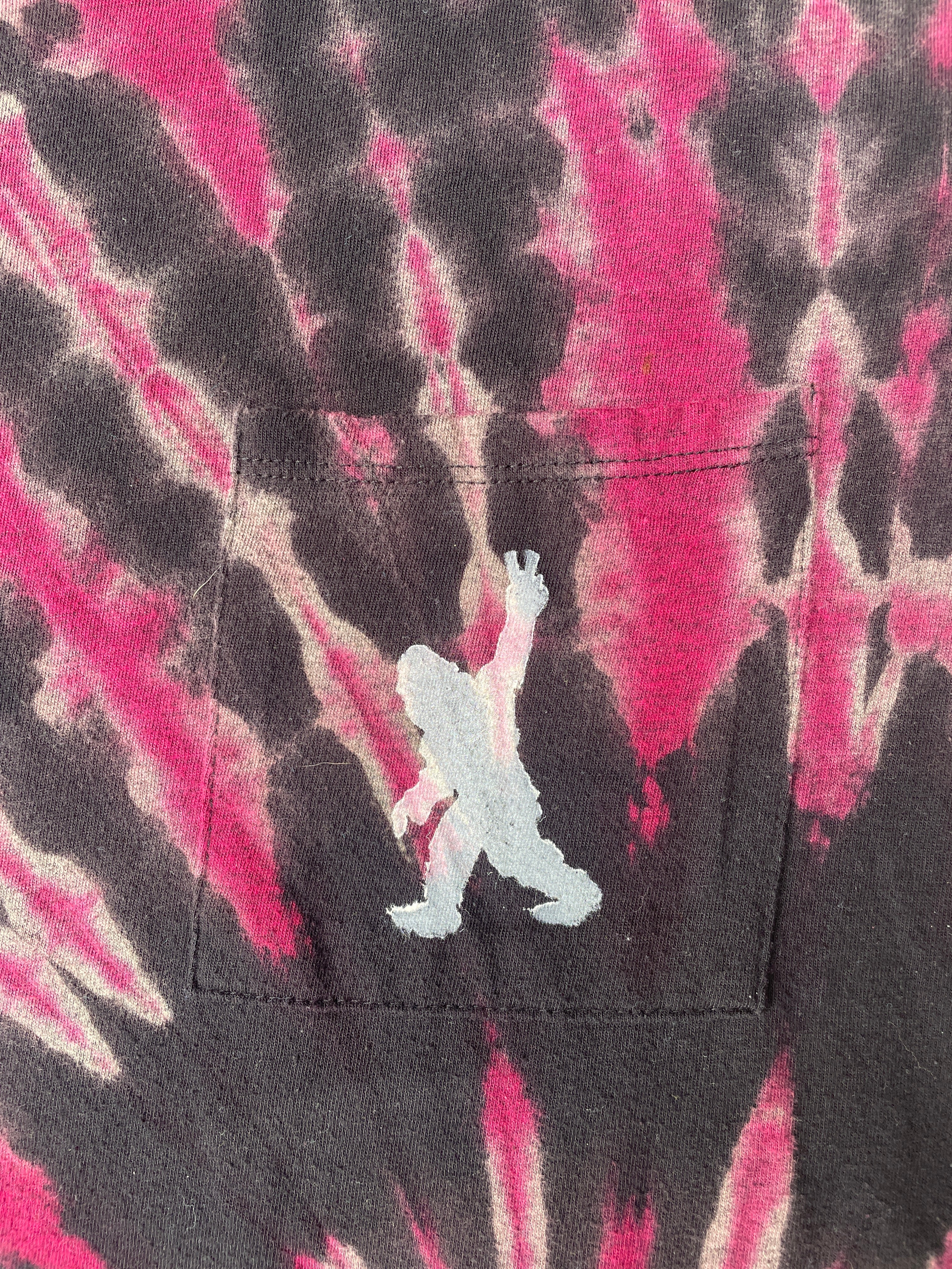 Hand-Printed Big Foot Black and Pink Reverse Tie Dye Short Sleeve T-Shirt | Women's Size Large