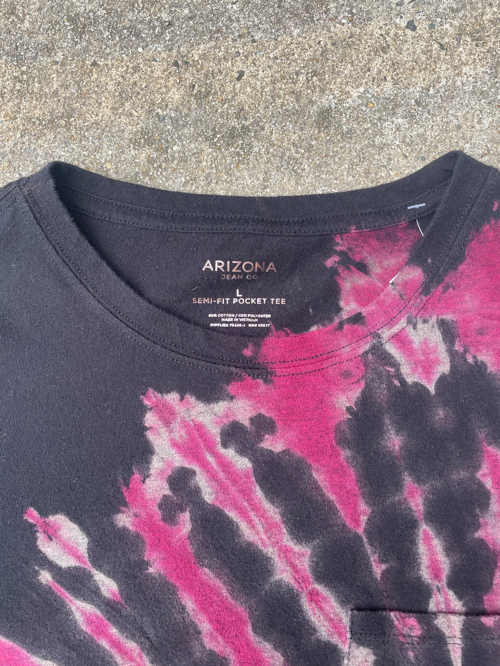Hand-Printed Big Foot Black and Pink Reverse Tie Dye Short Sleeve T-Shirt | Women's Size Large