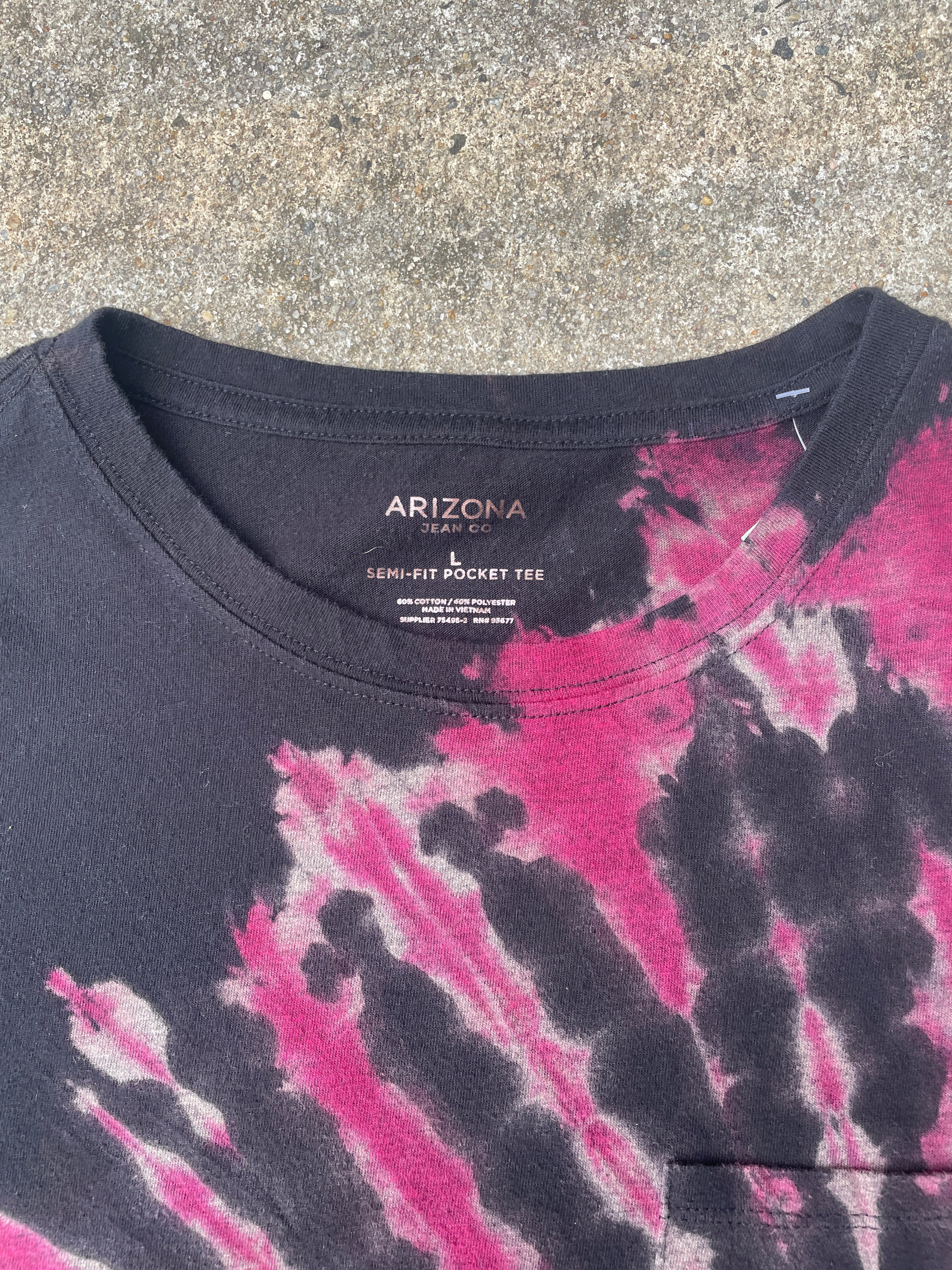 Hand-Printed Big Foot Black and Pink Reverse Tie Dye Short Sleeve T-Shirt | Women's Size Large