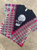 Hand-Printed Send It Skull Black, Red, and Blue Reverse Tie Dye Short Sleeve T-Shirt | Men's Size XL