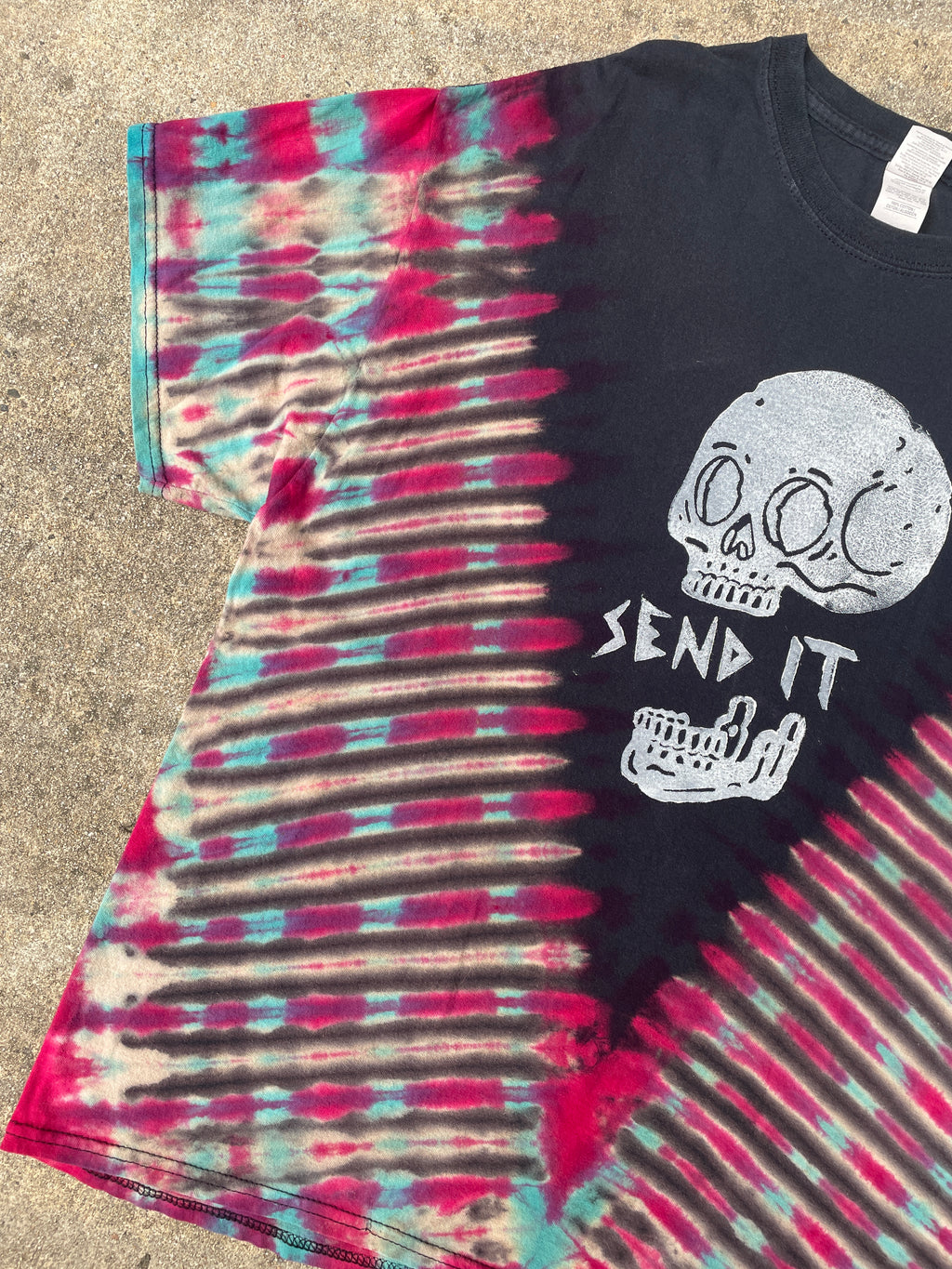 Hand-Printed Send It Skull Black, Red, and Blue Reverse Tie Dye Short Sleeve T-Shirt | Men's Size XL