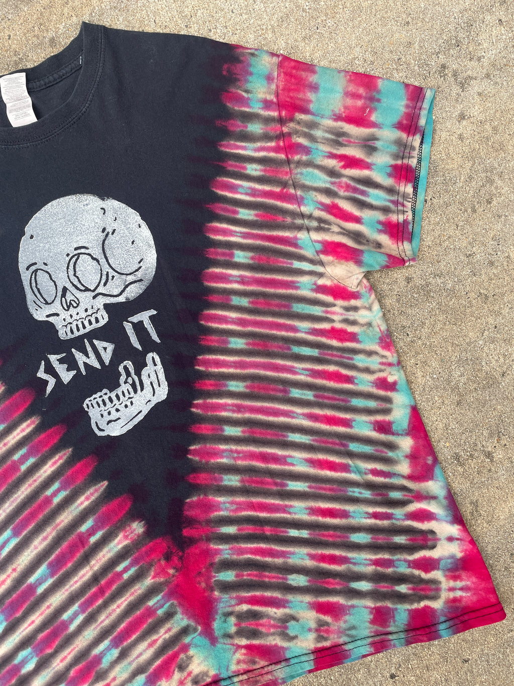 Hand-Printed Send It Skull Black, Red, and Blue Reverse Tie Dye Short Sleeve T-Shirt | Men's Size XL