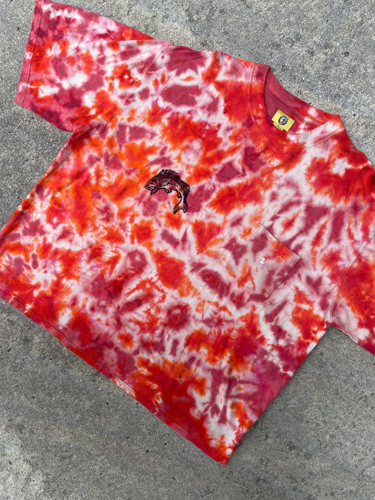 Hand-Printed Largemouth Red and Orange Tie Dye Short Sleeve T-Shirt | Men's Size XL