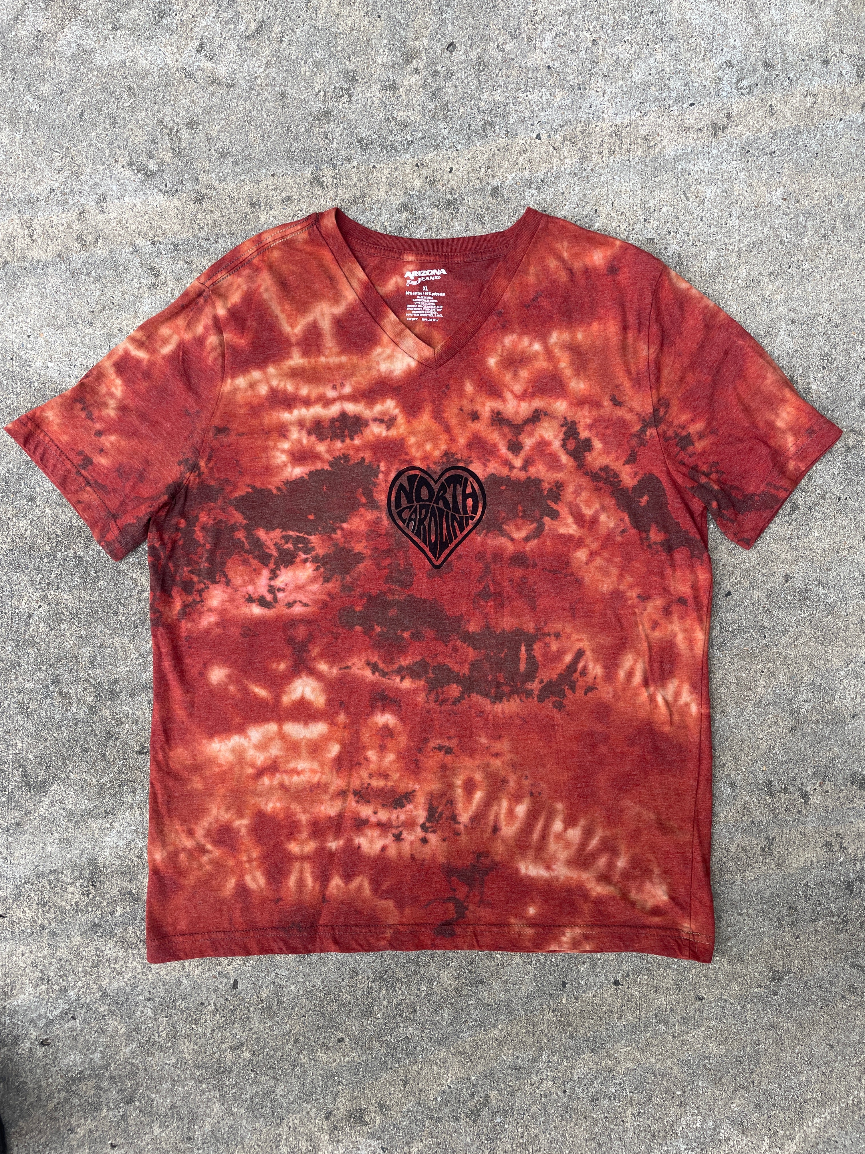 Hand-Printed North Carolina Brown and Orange Reverse Tie Dye Short Sleeve V-Neck T-Shirt | Men's Size XL