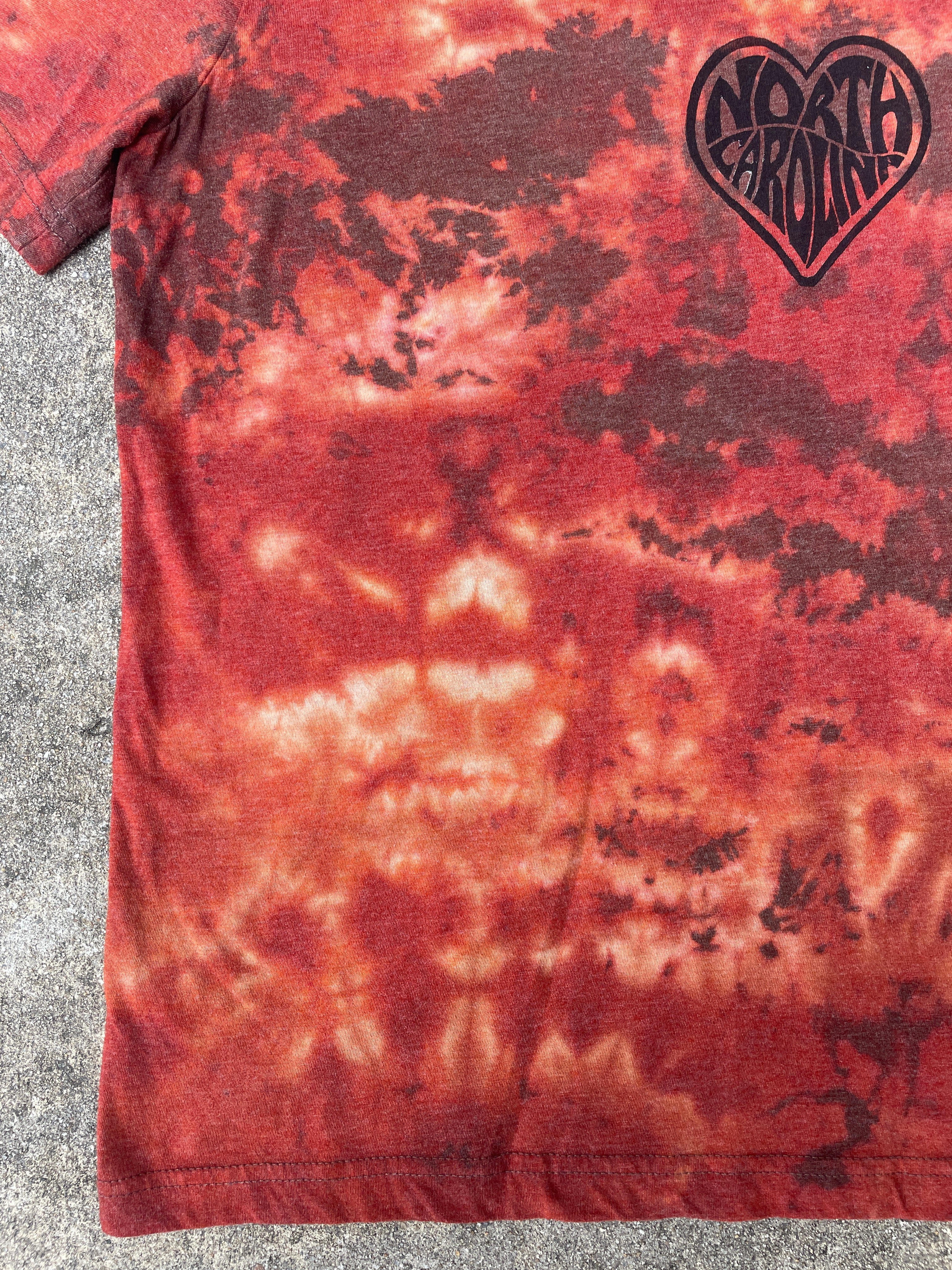Hand-Printed North Carolina Brown and Orange Reverse Tie Dye Short Sleeve V-Neck T-Shirt | Men's Size XL