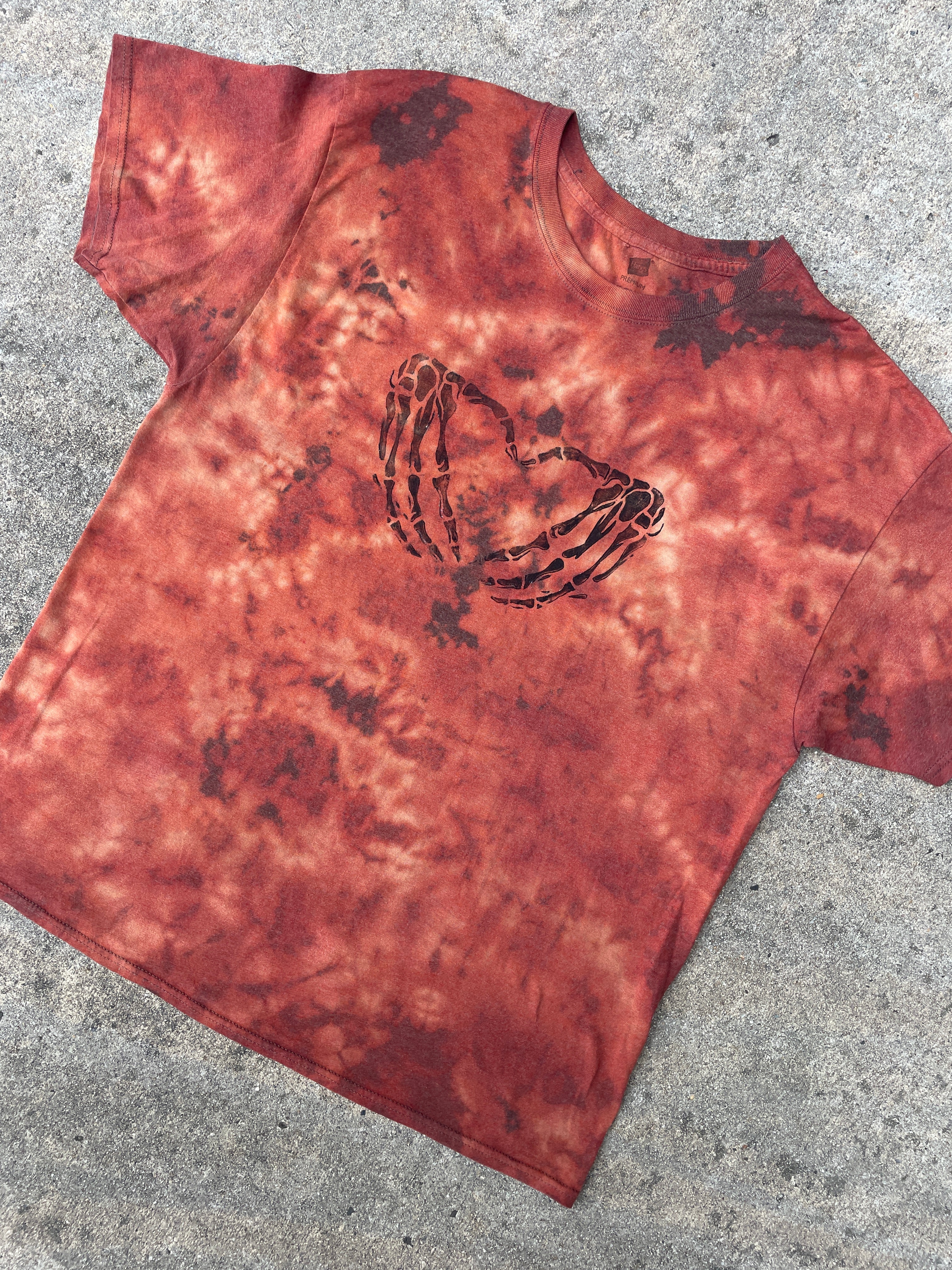 Hand-Printed Skeleton Heart Hands Brown and Orange Reverse Tie Dye Short Sleeve T-Shirt | Men's Size XL