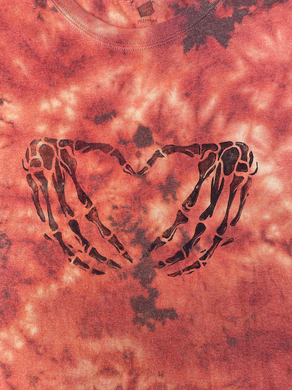 Hand-Printed Skeleton Heart Hands Brown and Orange Reverse Tie Dye Short Sleeve T-Shirt | Men's Size XL