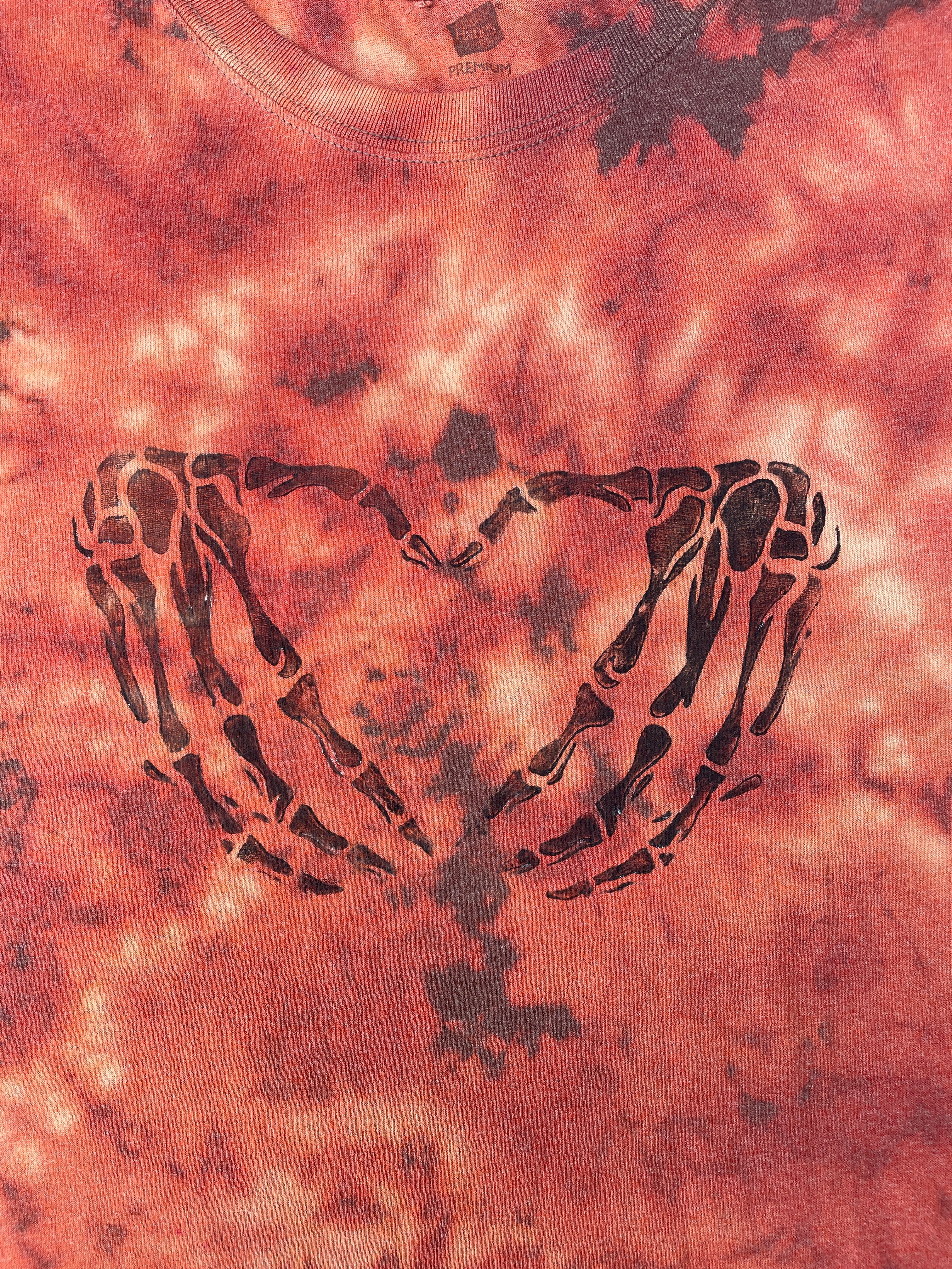 Hand-Printed Skeleton Heart Hands Brown and Orange Reverse Tie Dye Short Sleeve T-Shirt | Men's Size XL