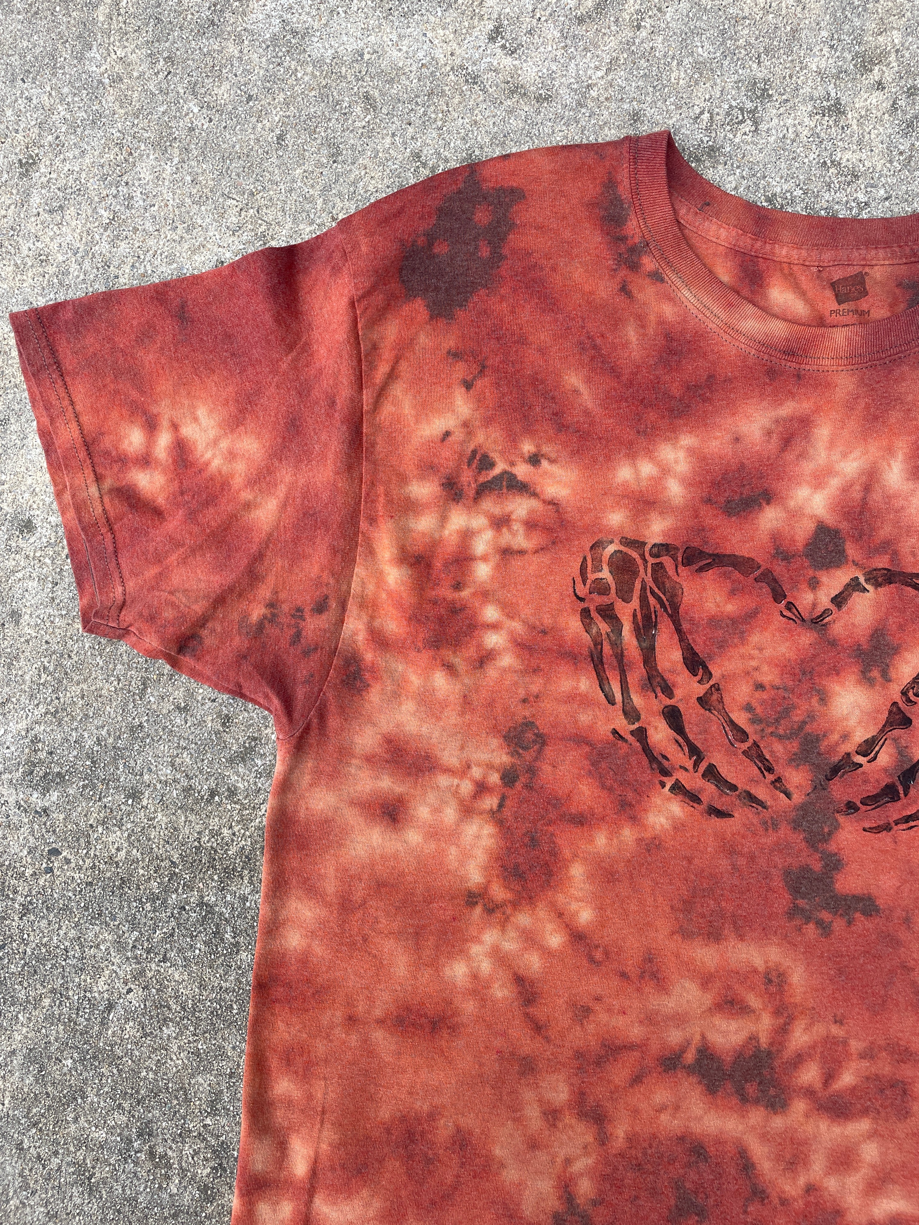 Hand-Printed Skeleton Heart Hands Brown and Orange Reverse Tie Dye Short Sleeve T-Shirt | Men's Size XL