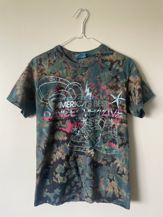 Small Men's Randy Jackson's America's Best Dance Crew Live Handmade Tie Dye Short Sleeve T-Shirt | One-Of-a-Kind Upcycled Pink and Blue Crumpled Top