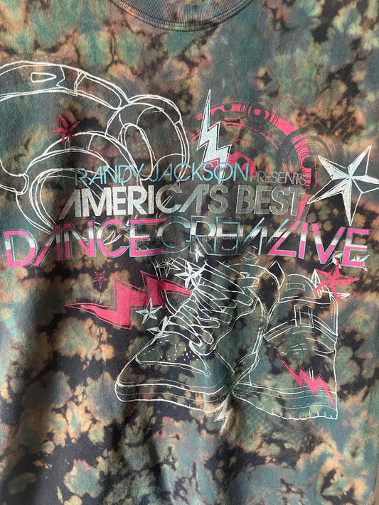 Small Men's Randy Jackson's America's Best Dance Crew Live Handmade Tie Dye Short Sleeve T-Shirt | One-Of-a-Kind Upcycled Pink and Blue Crumpled Top