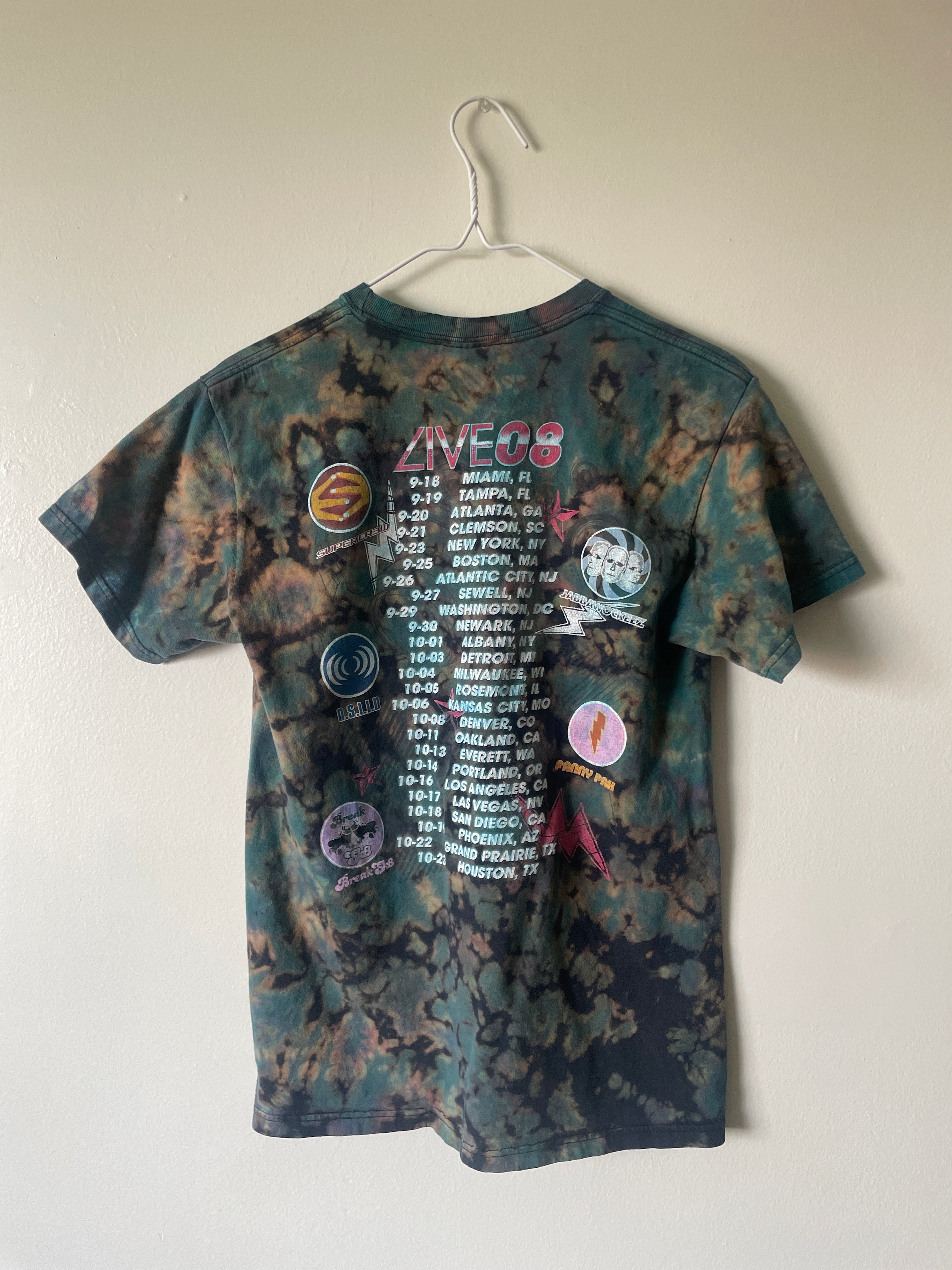 Small Men's Randy Jackson's America's Best Dance Crew Live Handmade Tie Dye Short Sleeve T-Shirt | One-Of-a-Kind Upcycled Pink and Blue Crumpled Top