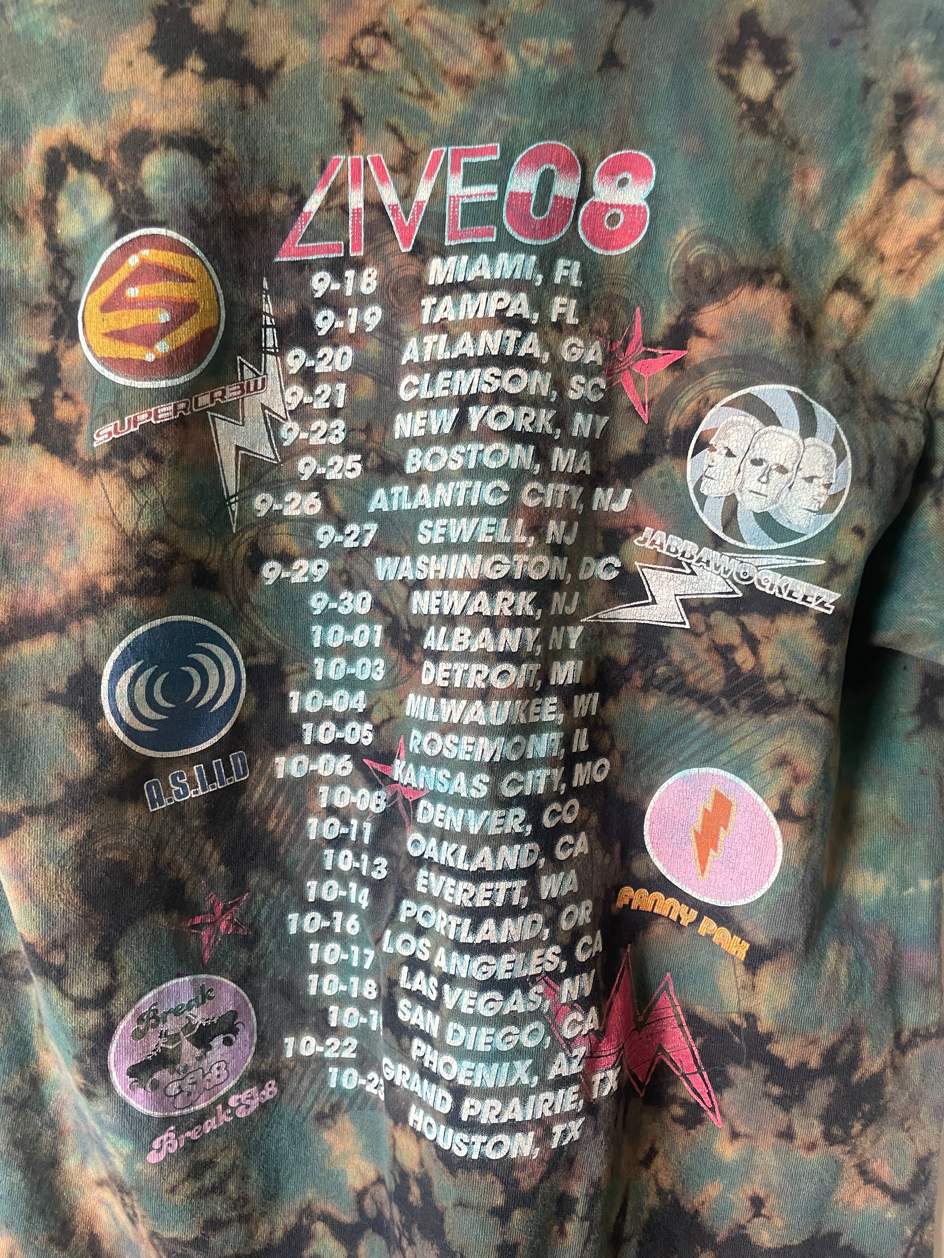 Small Men's Randy Jackson's America's Best Dance Crew Live Handmade Tie Dye Short Sleeve T-Shirt | One-Of-a-Kind Upcycled Pink and Blue Crumpled Top