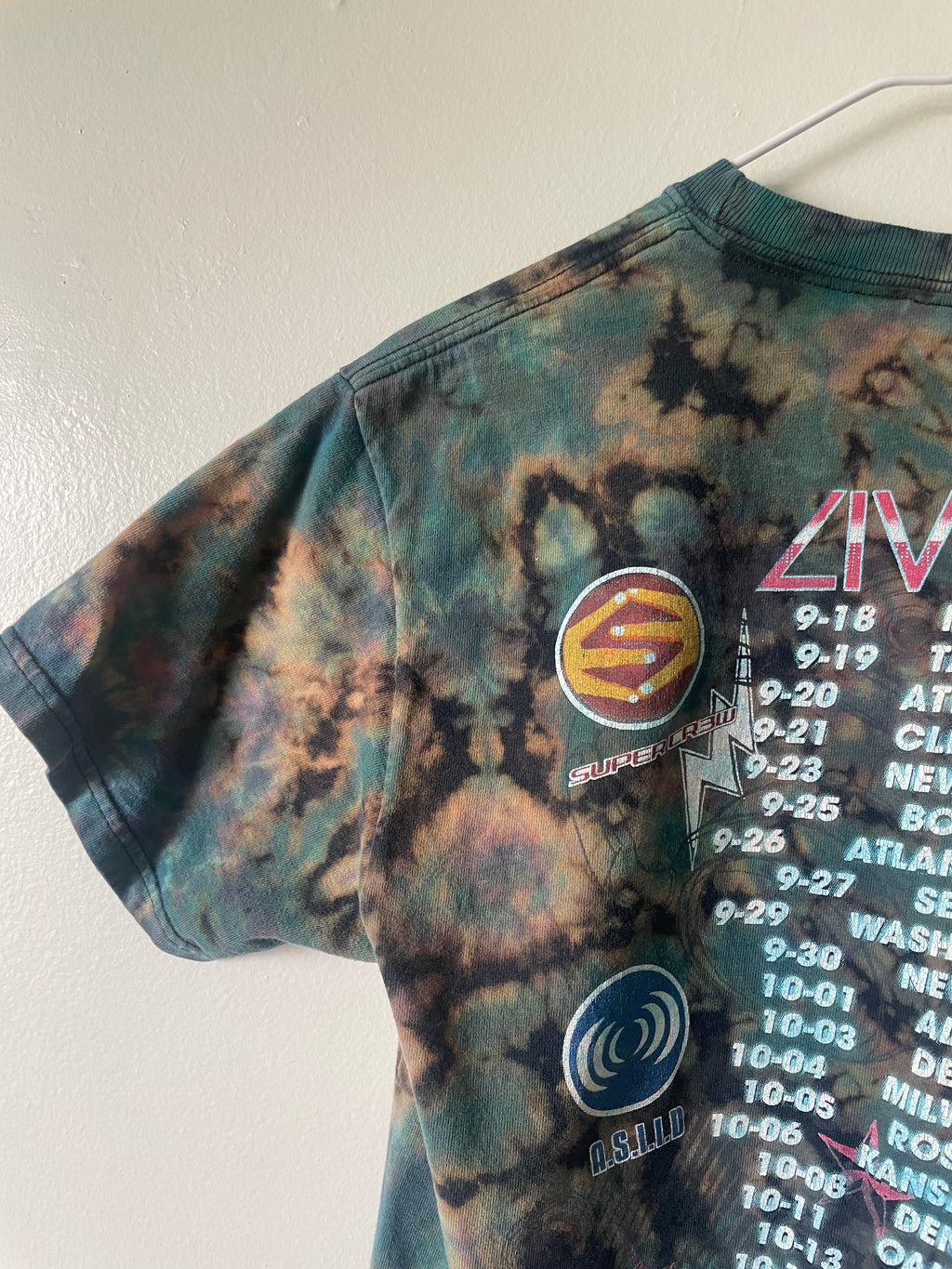 Small Men's Randy Jackson's America's Best Dance Crew Live Handmade Tie Dye Short Sleeve T-Shirt | One-Of-a-Kind Upcycled Pink and Blue Crumpled Top