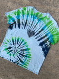 Hand-Printed North Carolina Green and Blue Spiral Tie Dye Short Sleeve T-Shirt | Men's Size XL