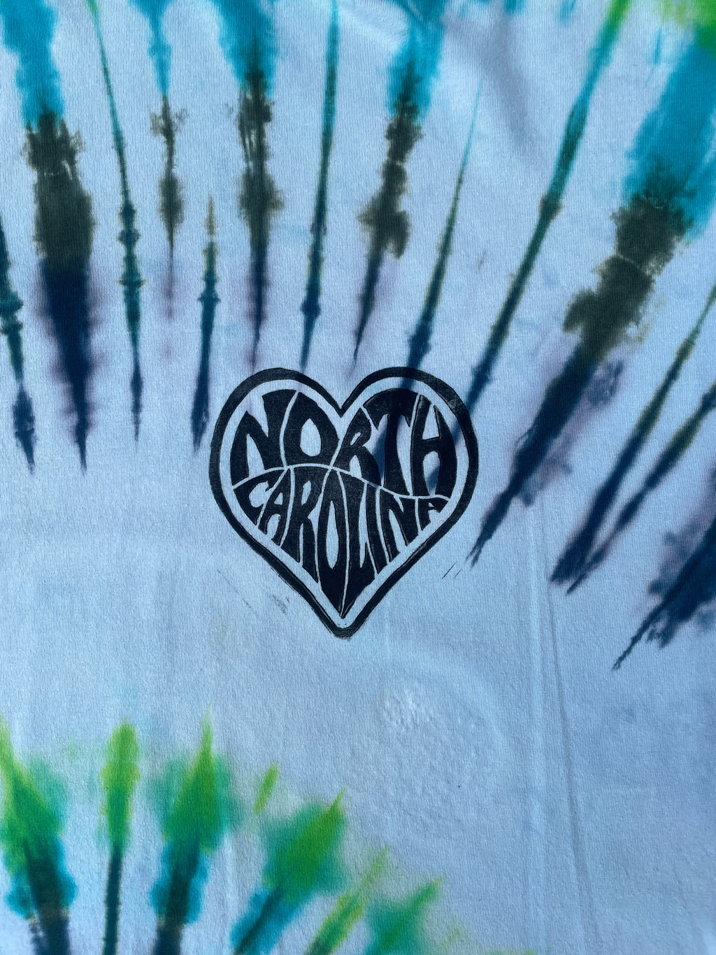 Hand-Printed North Carolina Green and Blue Spiral Tie Dye Short Sleeve T-Shirt | Men's Size XL