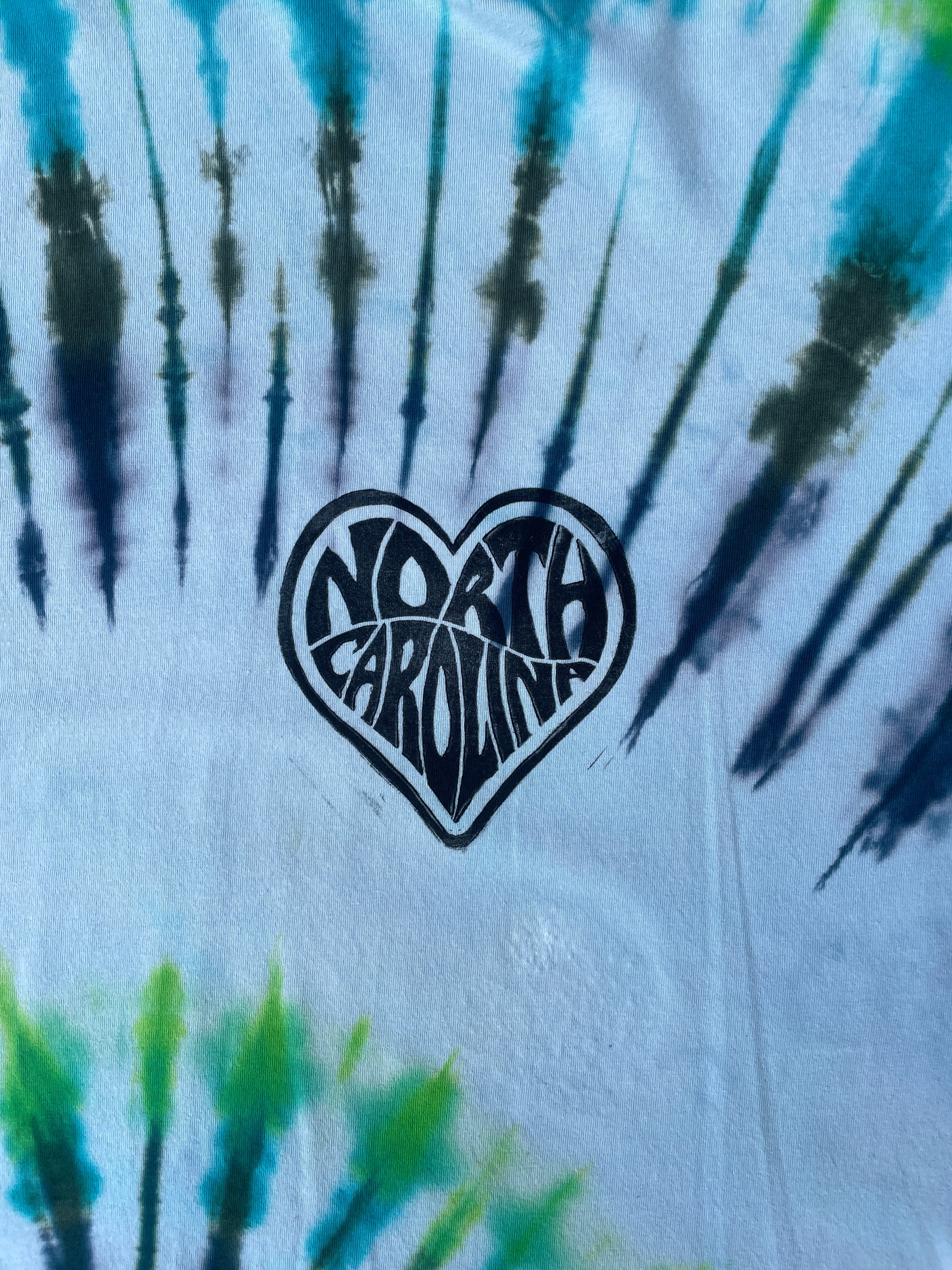 Hand-Printed North Carolina Green and Blue Spiral Tie Dye Short Sleeve T-Shirt | Men's Size XL