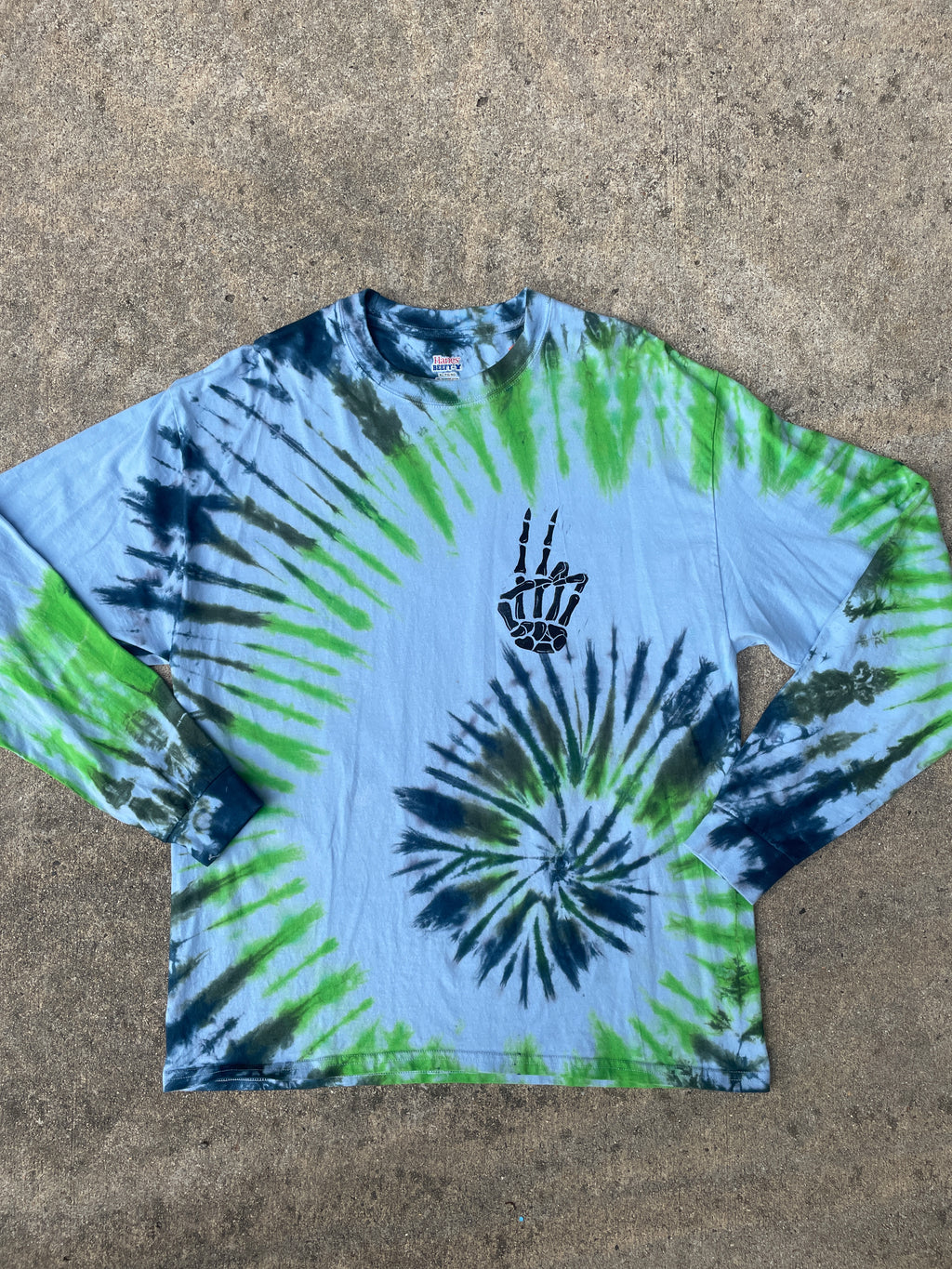 Hand-Printed Skeleton Peace Sign Green and Blue Spiral Tie Dye Long Sleeve T-Shirt | Men's Size XL