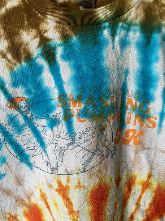 Medium Men's Smashing Pumpkins 5K Handmade Tie Dye Short Sleeve T-Shirt | One-Of-a-Kind Upcycled Blue, Orange, and White SpiralTop