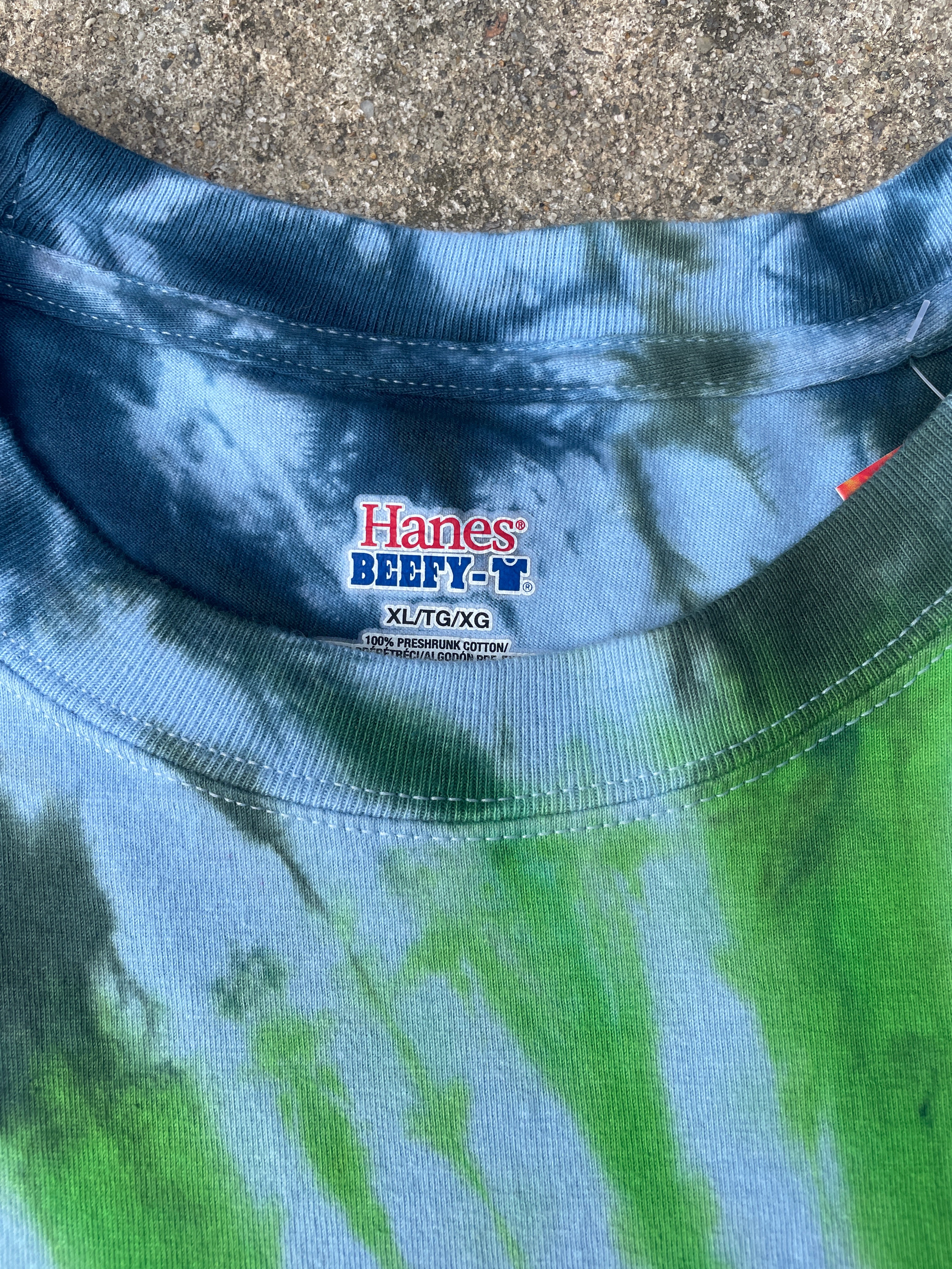 Hand-Printed Skeleton Peace Sign Green and Blue Spiral Tie Dye Long Sleeve T-Shirt | Men's Size XL