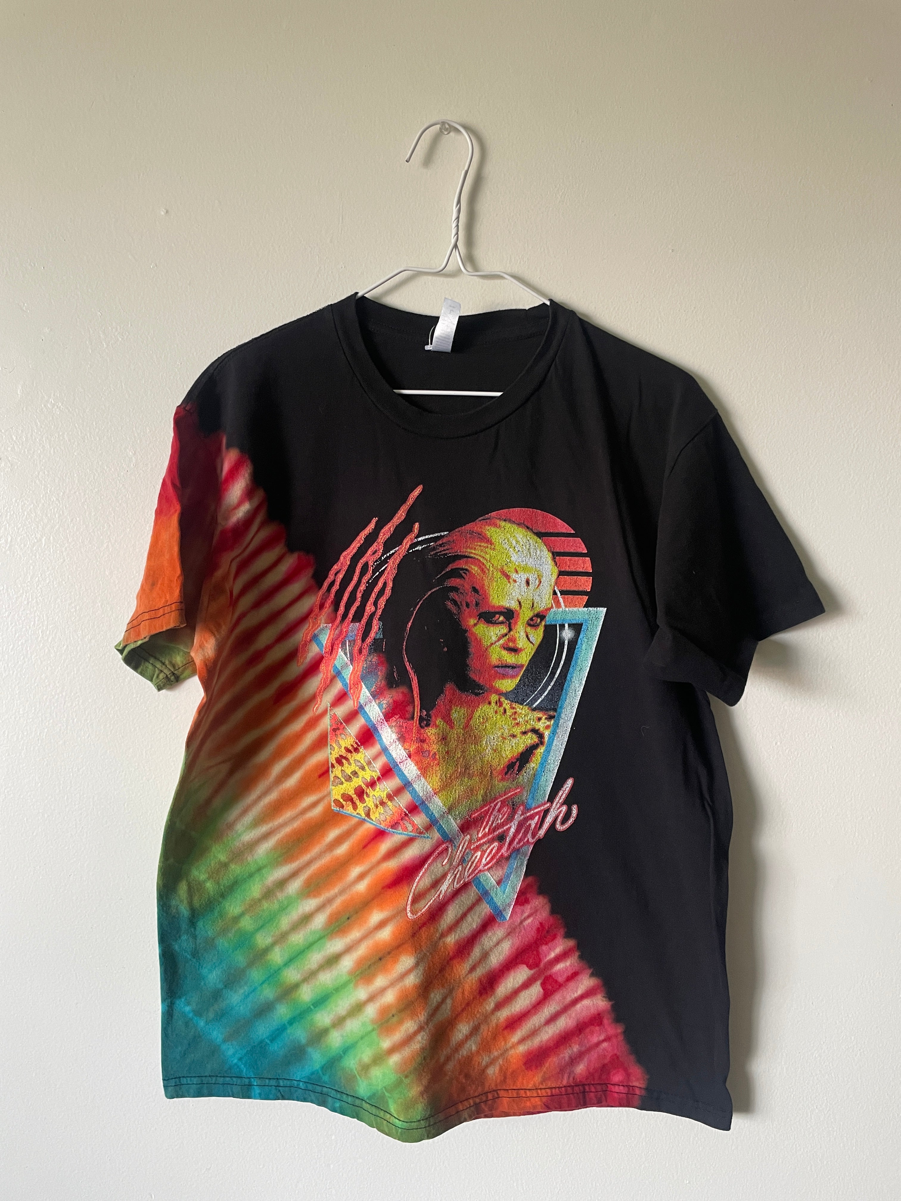 The Cheetah Handmade Tie Dye Short Sleeve T-Shirt | One-Of-a-Kind Upcycled Black and Rainbow Pleated Top | Men's Large