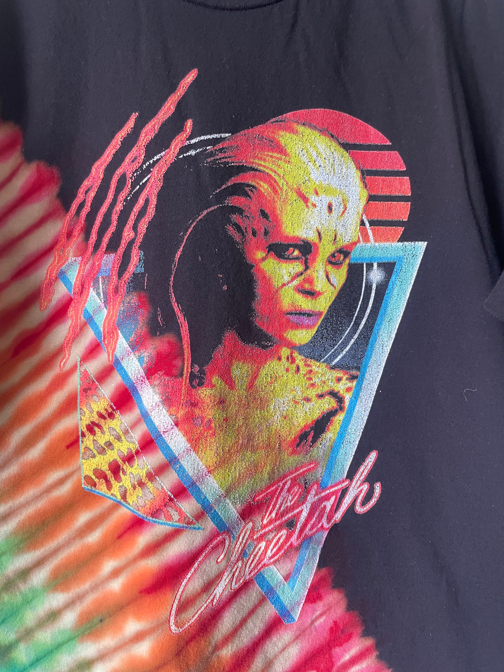 The Cheetah Handmade Tie Dye Short Sleeve T-Shirt | One-Of-a-Kind Upcycled Black and Rainbow Pleated Top | Men's Large