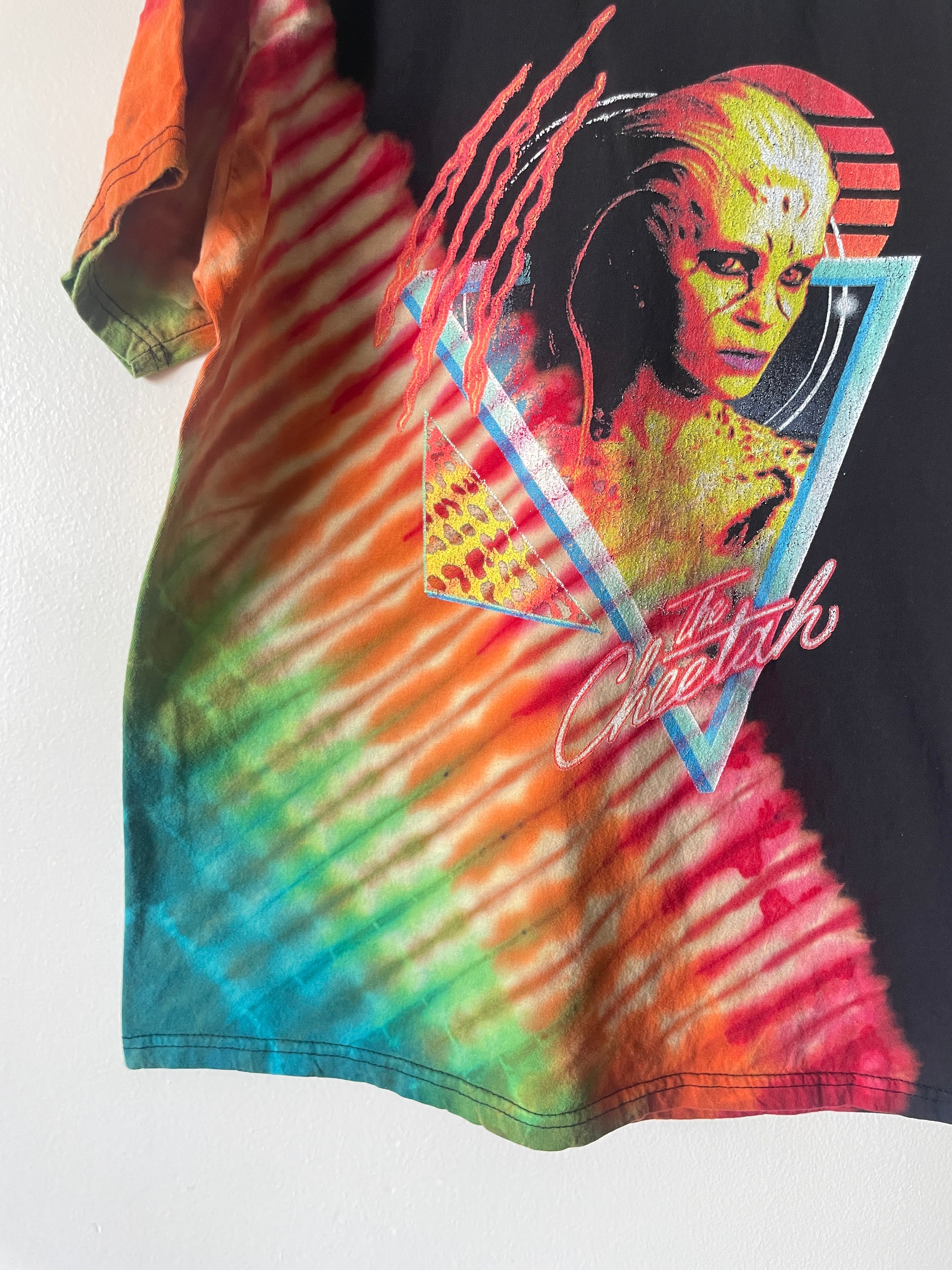The Cheetah Handmade Tie Dye Short Sleeve T-Shirt | One-Of-a-Kind Upcycled Black and Rainbow Pleated Top | Men's Large