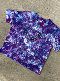 Hand-Printed Skeleton Heart Hands Blue and Purple Tie Dye Short Sleeve T-Shirt | Men's Size XL